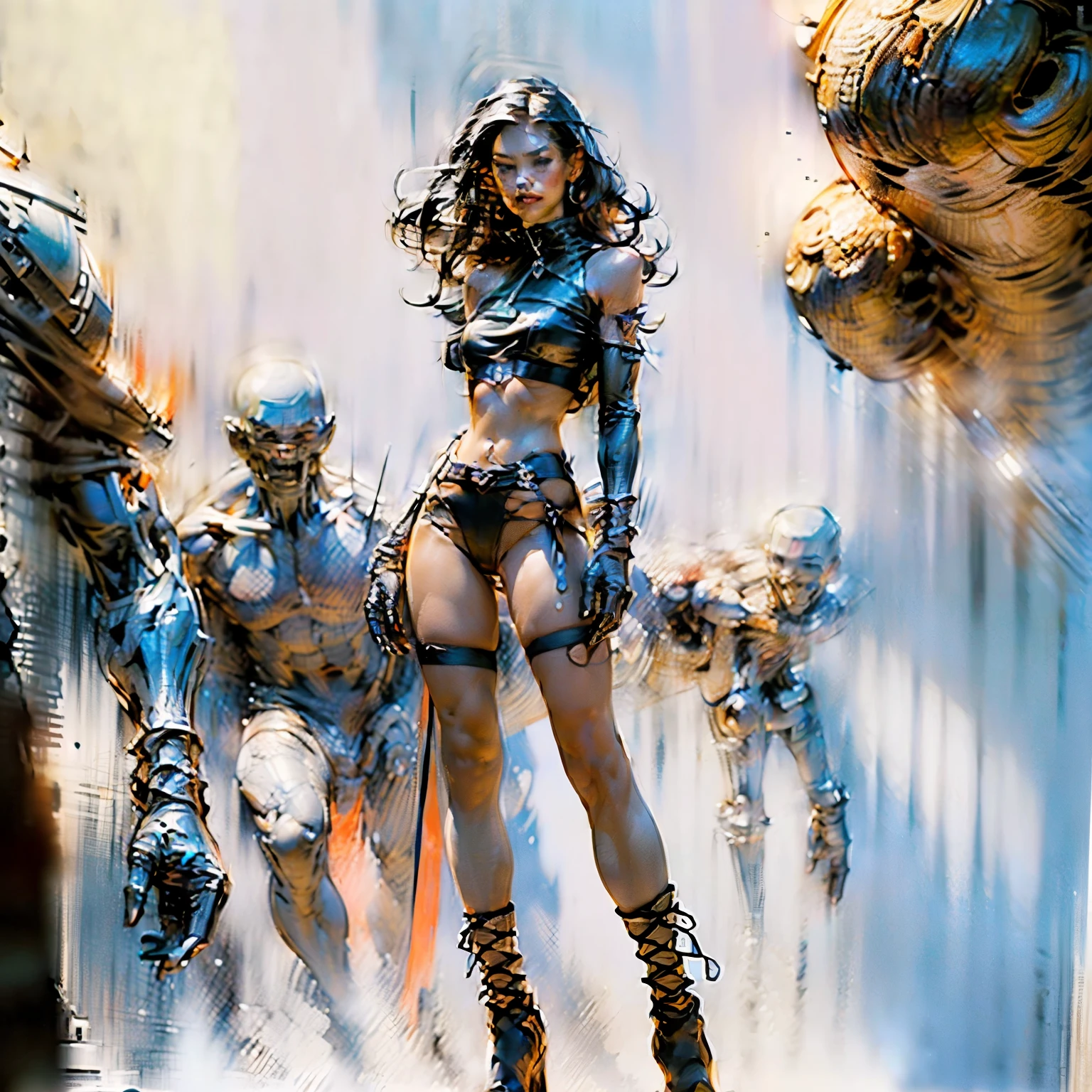 ((Create Odin girl 16+), (facing the viewer, standing close-up, full height), (smoke, fire), (thin graceful body, facing the viewer), (dynamic pose), (standing with legs wide apart) , (sexy), (delicate scarlet lips), (straight, black long hair), (small thong, short T-shirt, bare shoulders), (narrow hips, beautiful breasts))_((Artistic Stylization), (fantastic film- comic), (soft oil painting, digital painting), (elegant line, clear outline, high-quality drawing, shading))_((Simple color palettes), (color richness, saturation, harmony, balance), (background - dark, cold tones), (fantasy-horror, - cyberpunk, deep space, spaceship))_((Sexy, erotic), (hands in elbow pads, palms wearing tactical gloves), (bare thighs, thongs, bare belly-navel, minimal clothing ), (legs in combat knee pads, thigh-high stockings - sexy), (massive leather lace-up boots), (space design, dramatic scene, combat situation))_((Background, fantastic ship lock, (films; Lucas Arts, R.Sh. Giger "Alien", Giger's monsters, space monsters), (a stunning scene in a spaceship - "Alien" monsters), (warm contrasting light, cold shadows))_ ((Cinematic masterpiece, highest quality), (contrasting shadows, clear, bright light), (warm range of colors, contrasting light with cold shadows))_((Cinematic animation, ), (soft clear shapes, wide strokes, attention to detail), (16K | Ultra HD | Full HD)).