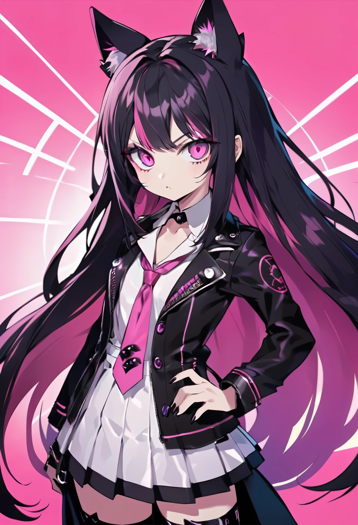 Girl with long hair and pink eyes standing in front of a pink background, 「anime girl」, evil魔のanime girl, evil. Bright colors. cute, Danganronpa digital art, 1 7 - year old anime goth girl, by Hitoshi Homura, Neon and dark, エモanime girl, anime monster girl, Dark Neon Punk