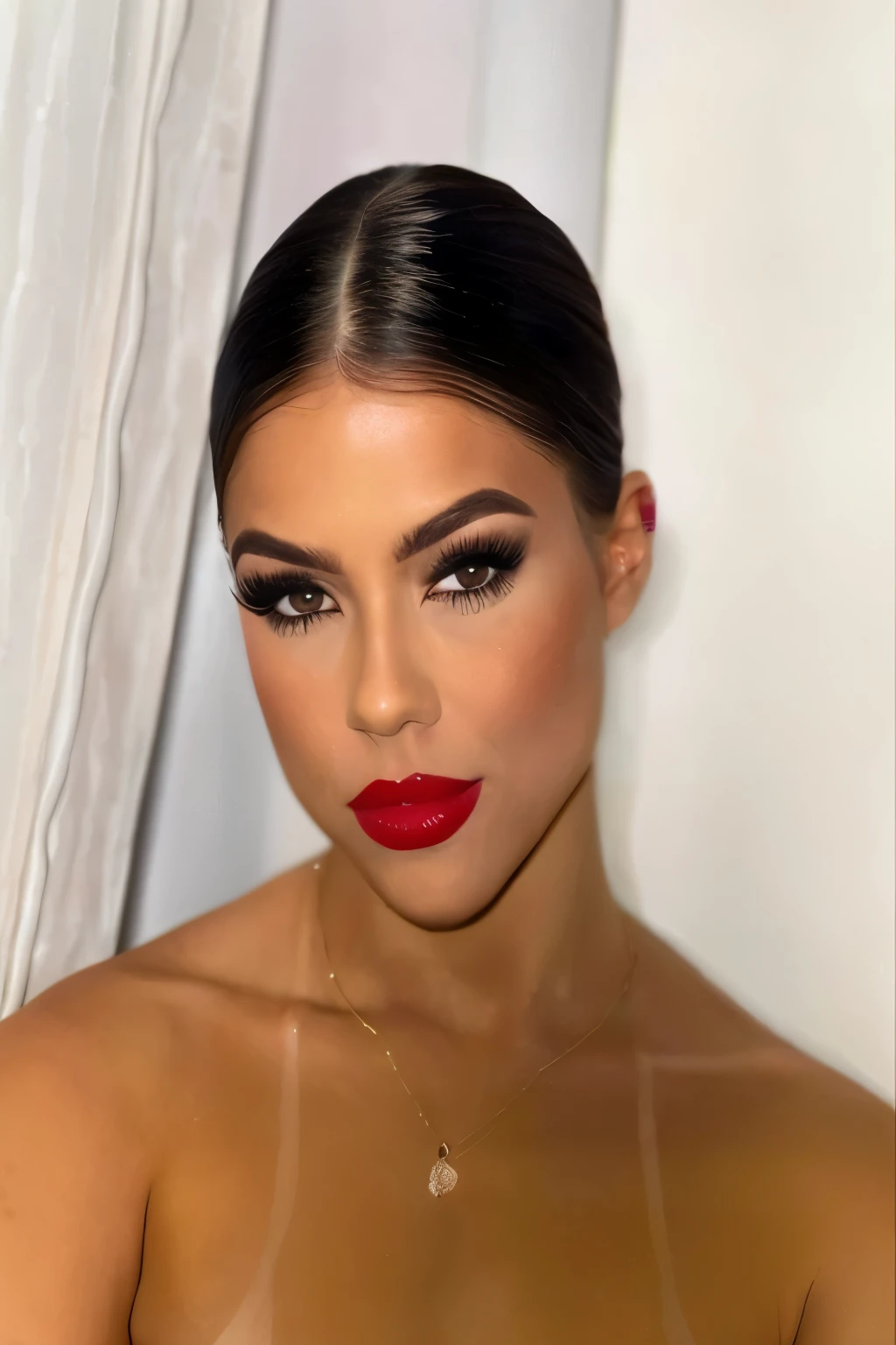 a close up of a woman with a Red lipstick and a necklace, rosto sexy com maquiagem completa, thick Red lips, com maquiagem profissional, olhar sensual, beleza de cair o queixo, beleza de cair o queixo, small and thick Red lips, sexy Red lips, wide golden eyes and Red lips, maquiagem extravagante grossa, Red lipstick on face, Red lips,longo hair 