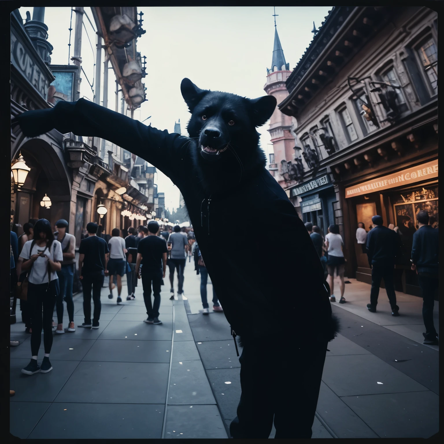 The weirdest Polaroid ever taken on dark mysterious crowded theme parks. Place unnoticed weird creepy characters hidden far in the background. Weirdcore. Complex composition. Dynamic poses.,photorealistic,Masterpiece