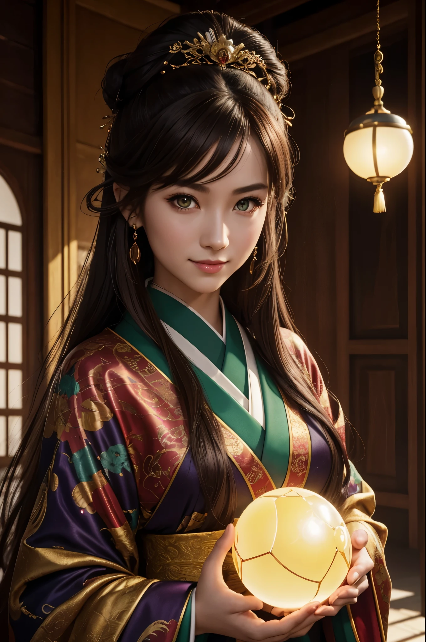 8K,dragon horn,A graceful dragon princess wearing a kimono,Super beautiful(like the real thing),brown hair,Holding a crystal ball in your hand,Inside the Royal Palace,green rouge,golden eyes,smile,masterpiece,Photorealistic RAW photos of the highest quality。bright colors,rich colors, Backlight, cinematic lighting, film grain, to be born, 50MM lens, Nikon D850,realistic skin,fantasy art,character art,ultra high resolution,realistic scale skin,Perfect hand shape,view audience,