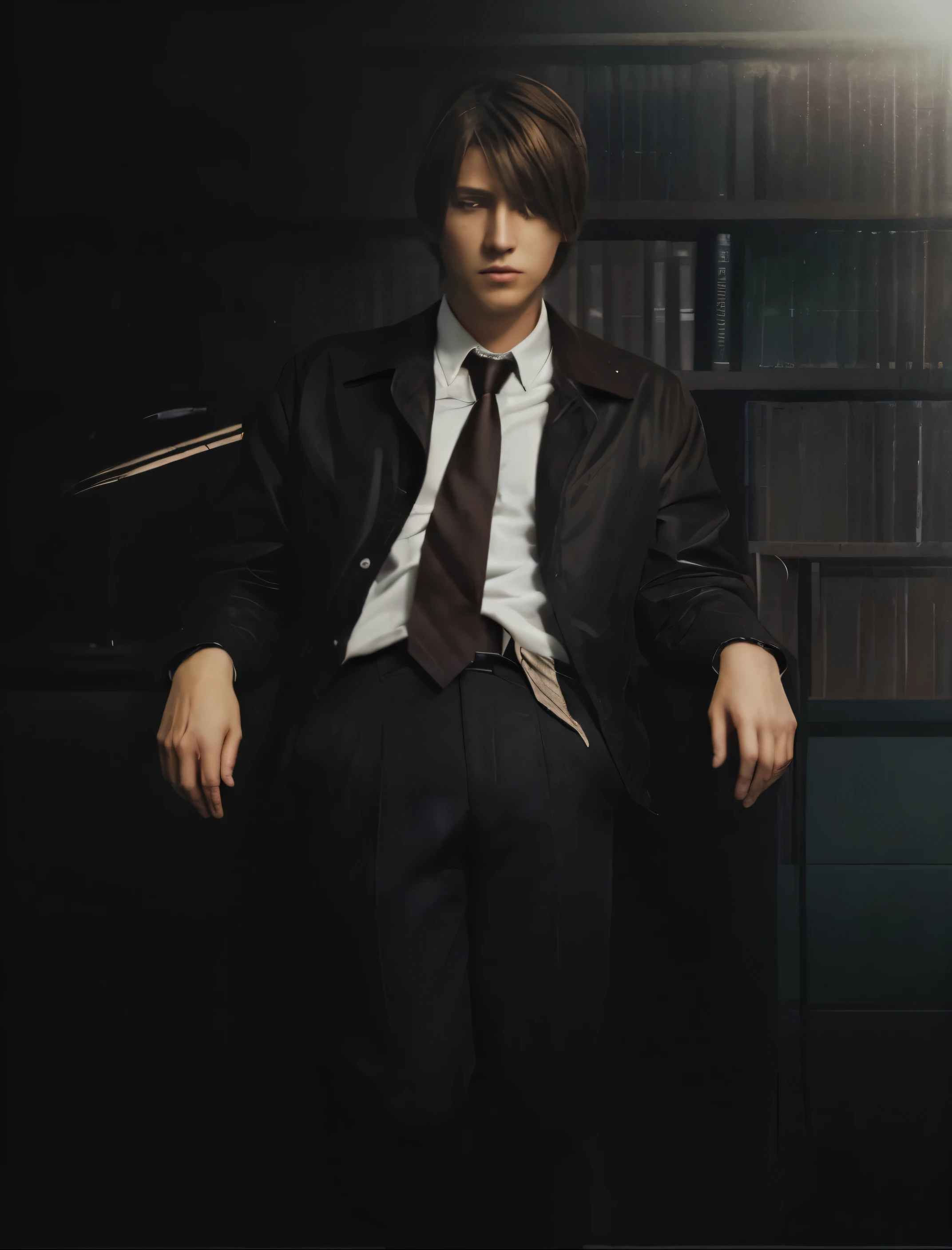 man, Brown hair, dark jacket with white shirt and tie, Dark pants, Light Yagami