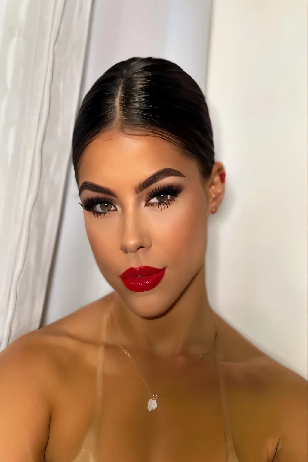 a close up of a woman with a red lipstick and a necklace, sexy face with full makeup, thick red lips, sexy red lips, sultry look, red lipstick on face, red lips, with professional makeup, flawless olive skin, small and thick red lips, thick fancy makeup, luscious red lips,