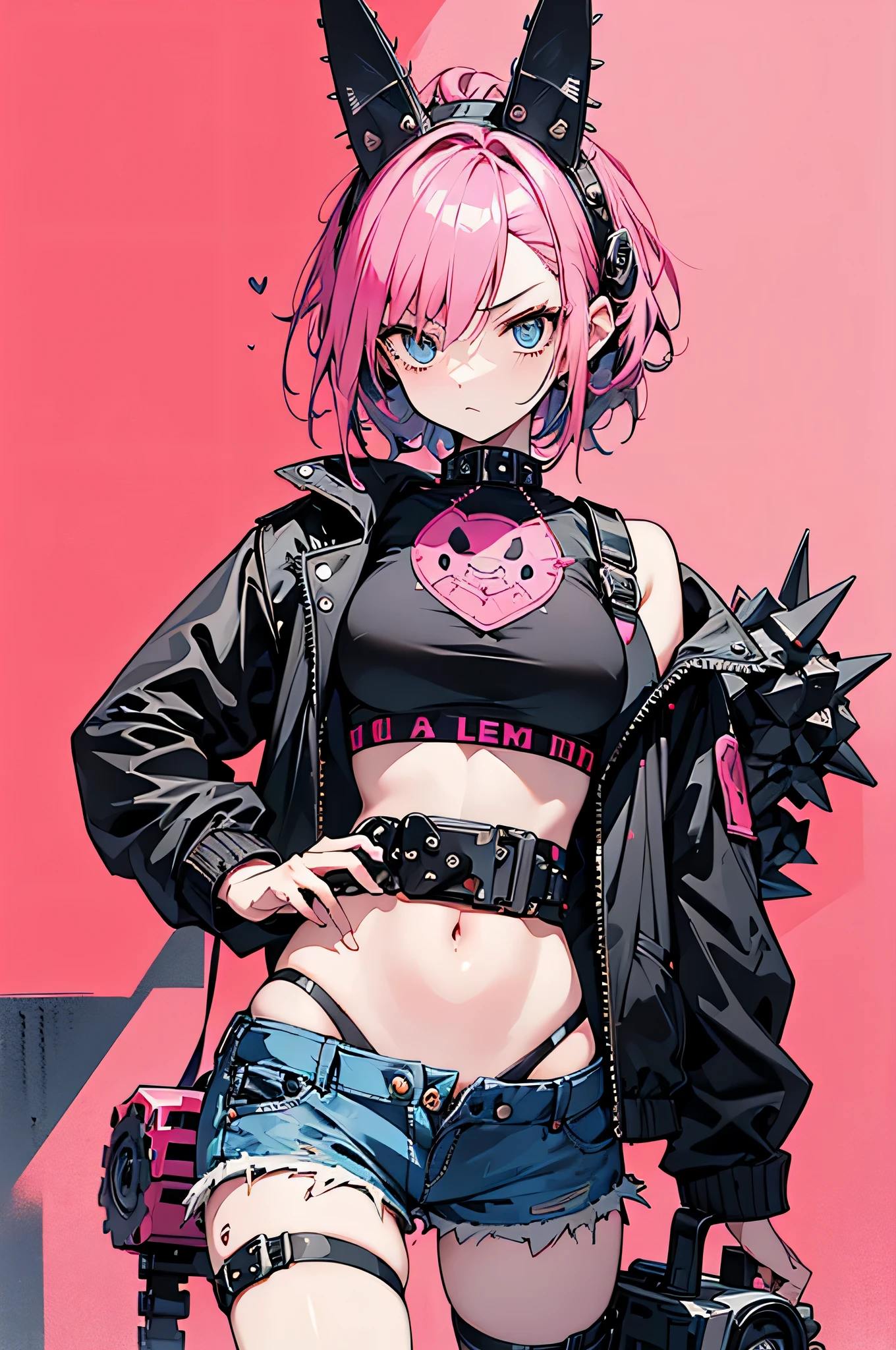 best image quality,(highest quality:1.1),(Super detailed:1.1), cowboy shot, (one woman, Women in punk fashion, pink spiky hair, Other shaving, clear eyes, shining blue eyes, Glaring expression), (black leather jacket with lots of studs, pink short tank top, Rabbit illustration, Low-rise denim shorts that show your belly button, Black work boots), (have a chainsaw),dynamic pose, dynamic angle, red plaster wall background,