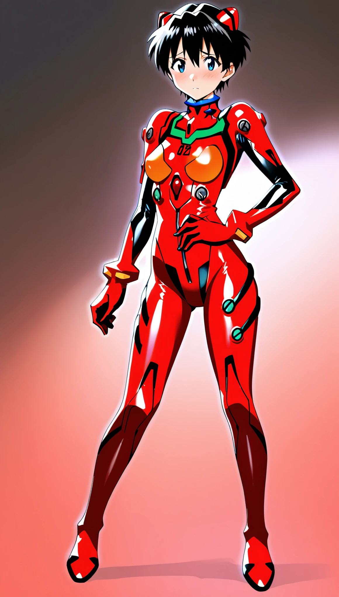 full body ,shin-chan \(evangelion\) ,(cosplay ,alternate costume),(ikari_shinji:1.4),1 feminin boy,otoko no ko , solo, (black short hair:1.6),absurdres ,absolutely resolution ,incredibly absurdres ,(absolute shiny clothes),highest quality, ultra shiny clothes , looking at viewer, bangs, gloves, standing, shiny red bodysuit, turtleneck, headgear, legs apart, pilot suit, bracer, (shiny metallic red plugsuit:1.6) ,solo, bodysuit, neon genesis evangelion, medium breasts, (02 plugsuit), red_bodysuit, grossing plugsuit ,lustering plugsuit , (embarrassed),troubled eyebrows,pigeon toed