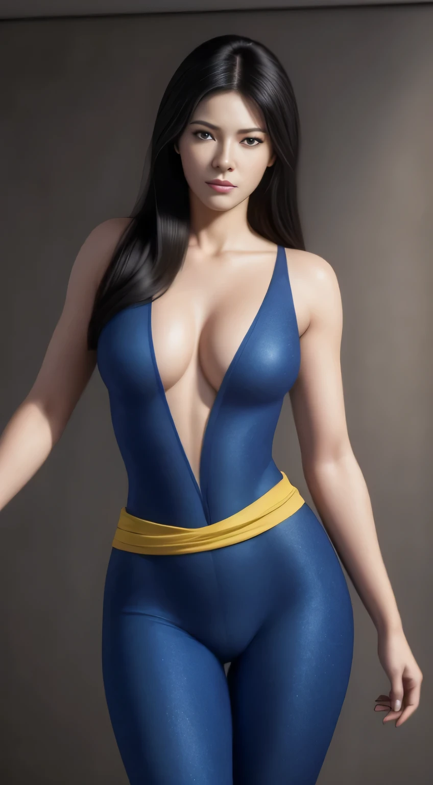 masterpiece, best quality, highly detailed, ultra high resolution, (photorealistic: 1.8), unreal_engine, photography, realistic_skin_texture, wallpaper, 1 boy, hayato kasukabe, japanese face, (ultra detailed face), 8k, trending on artstation, highly detailed , best quality, ultra detailed, realistic, Hitomi Kisugi, 1 girl, beautiful girl, long black hair, beautiful detailed eyes, beautiful detailed lips, eyelashes, beautiful eyes, beautiful brown eyes, detailed face, beautiful face, beautiful face, blue bodysuit, dressed in blue, a thin yellow sash around the waist, bright colors, HDR, studio lighting, sharp focus, in action towards the spectator, posing towards the spectator