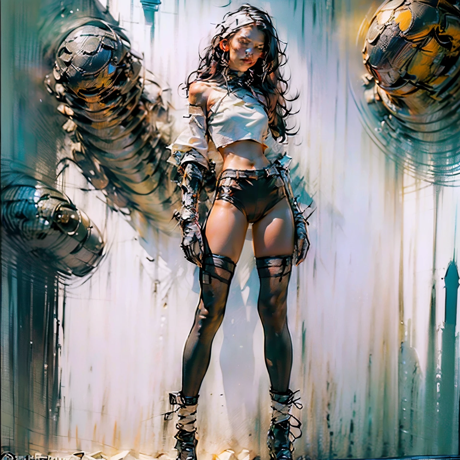 ((Create Odin girl 16+), (facing the viewer, standing close-up, full height), (smoke, fire), (thin graceful body, facing the viewer), (dynamic pose), (standing with legs wide apart) , (sexy), (delicate scarlet lips), (straight, black long hair), (small thong, short T-shirt, bare shoulders), (narrow hips, beautiful breasts))_((Artistic Stylization), (fantastic film- comic), (soft oil painting, digital painting), (elegant line, clear outline, high-quality drawing, shading))_((Simple color palettes), (color richness, saturation, harmony, balance), (background - dark, cold tones), (fantasy-horror, - cyberpunk, deep space, spaceship))_((Sexy, erotic), (hands in elbow pads, palms wearing tactical gloves), (bare thighs, thongs, bare belly-navel, minimal clothing ), (legs in combat knee pads, thigh-high stockings - sexy), (massive leather lace-up boots), (space design, dramatic scene, combat situation))_((Background, fantastic ship lock, (films; Lucas Arts, R.Sh. Giger "Alien", Giger's monsters, space monsters), (a stunning scene in a spaceship - "Alien" monsters), (warm contrasting light, cold shadows))_ ((Cinematic masterpiece, highest quality), (contrasting shadows, clear, bright light), (warm range of colors, contrasting light with cold shadows))_((Cinematic animation, ), (soft clear shapes, wide strokes, attention to detail), (16K | Ultra HD | Full HD)).