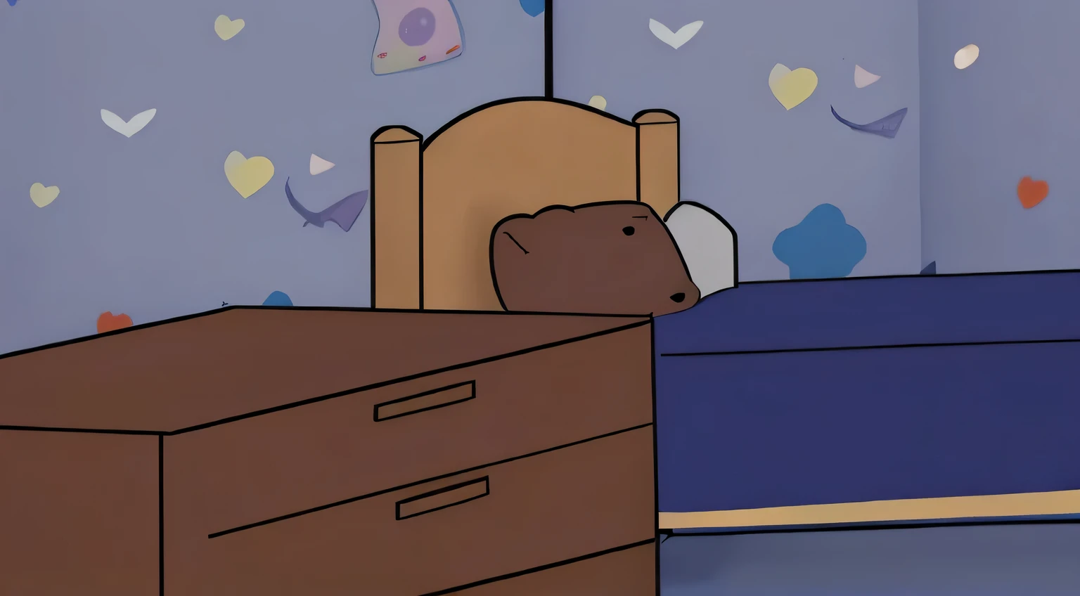 there is a cartoon of a bed with a teddy bear on it, someone sits in bed, i slept in segments last night, in the bedroom at a sleepover, bedroom background, animated still, random background scene, animated episode still, in a bedroom, messy bed, bed on the right, personal room background, animation still, animation still screencap, bed, goodnight