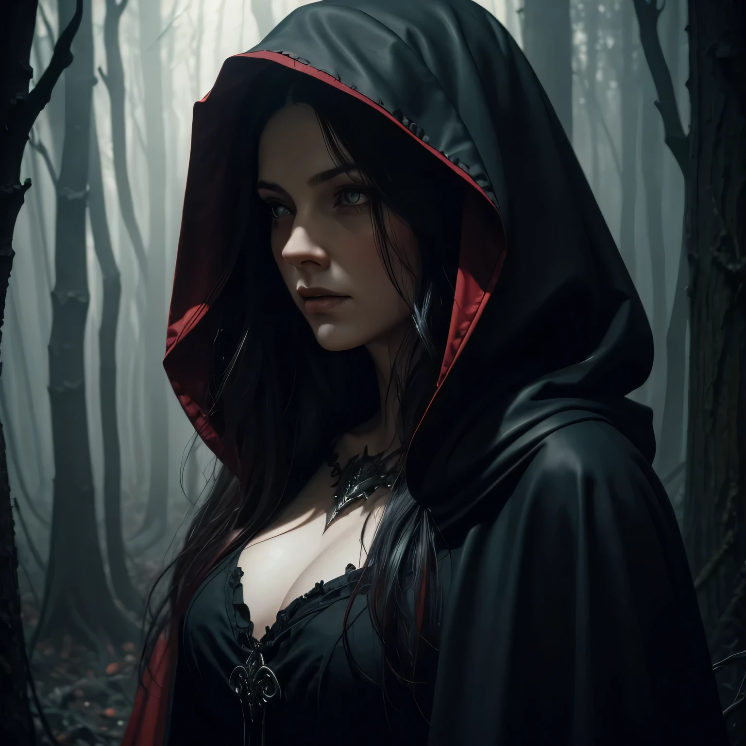 fechar-se, Gothic Little Red Riding Hood, floresta Negra, Flowing black cloak, Acentos carmesim, dark expression, atmosfera misteriosa, caminhos tortuosos, loneliness, Sombras, recontar, misterioso, perigo.

Estilo de Harrison Fisher e Brian Froud e Jeremy Mann,  

, Perfect composition, linda, detalhada, intrincada, insanamente detalhada, octane rendering trend in artstation, 8k art photography, arte conceitual fotorrealista, soft natural volumetric cinematic perfect light, Claro-escuro, fotografia premiada, obra de arte, oil on canvas, Rafael, caravaggio, Greg Rutkowski, Besouro, Beksinski, Giger