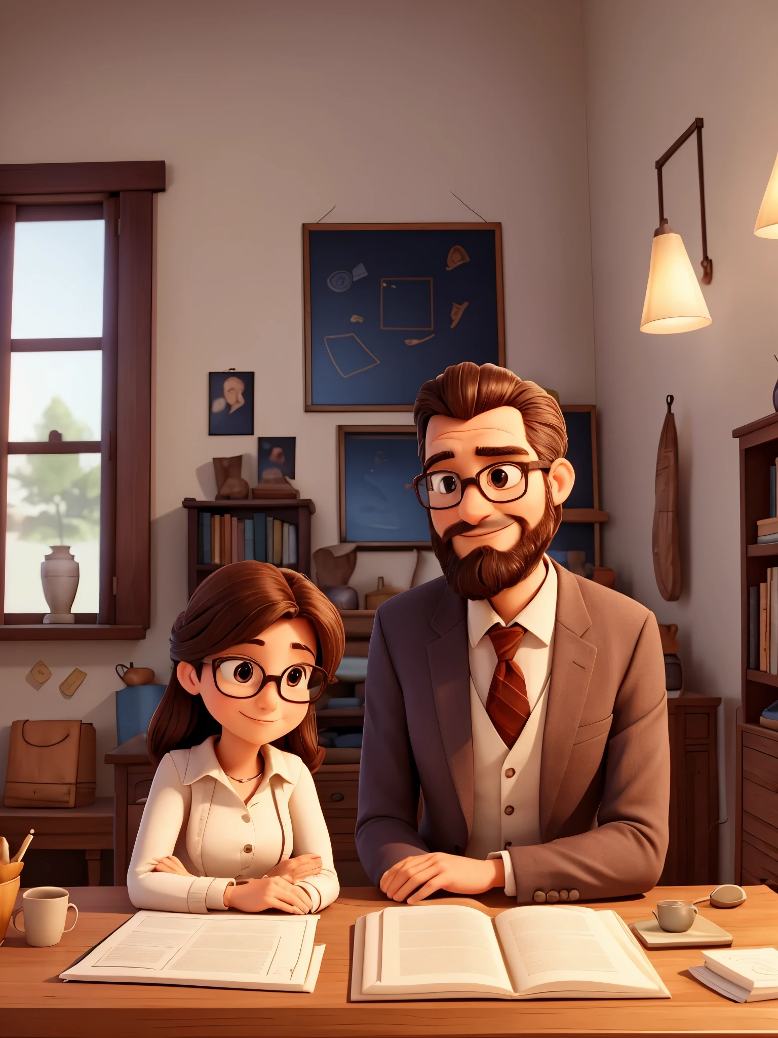 Husband and wife analyzing products purchased on the internet that are spread out on a wooden table. The husband is wearing a professional suit, cabelo moreno curto, glasses and beard and has an expression of interest in the product on his face, while the wife is elegantly dressed and has a confident smile. The scene is bathed in heat, Luz natural, criando uma atmosfera acolhedora e positiva. The room is tastefully decorated, full of books and framed family photos. The overall image is of the best quality, com um estilo realista e fotorrealista, capturando cada detalhe sutil do casal e seus arredores. The color scheme is warm and inviting, with rich tones and vibrant hues that create a feeling of warmth and harmony. The lighting is soft and gentle, casting subtle shadows that add depth and dimension to the scene.