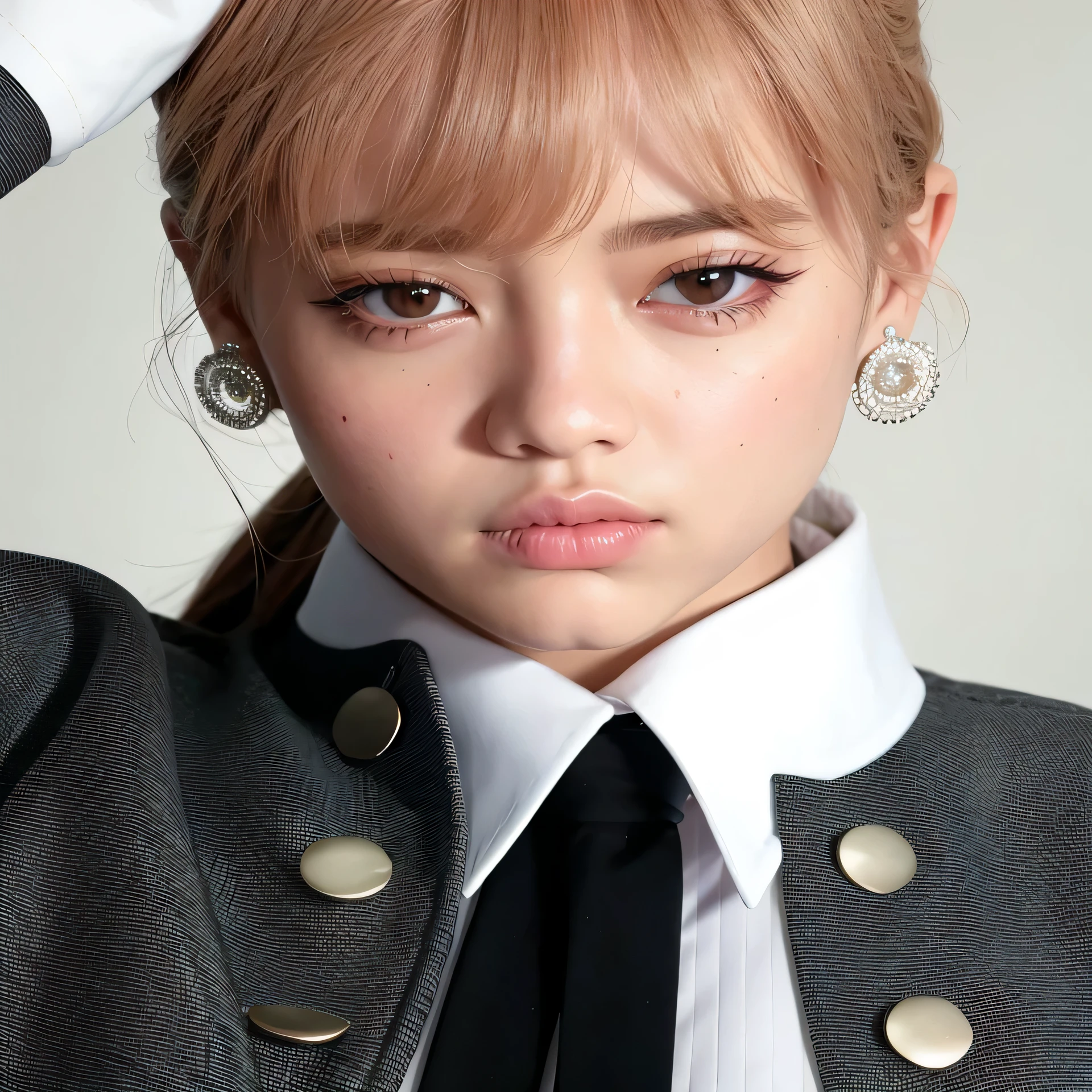 hay una mujer con corbata y chaqueta puesta, retrato de jossi de blackpink, Parque Roseanne de Blackpink, Lalisa Manoban de Blackpink, jossi de blackpink, Korean idol woman portrait, kpop idol portrait, retrato de jisoo blackpink, Lalisa Manobal, jisoo de blackpink, lindos ojos redondos e inclinados, jisoo de blackpink