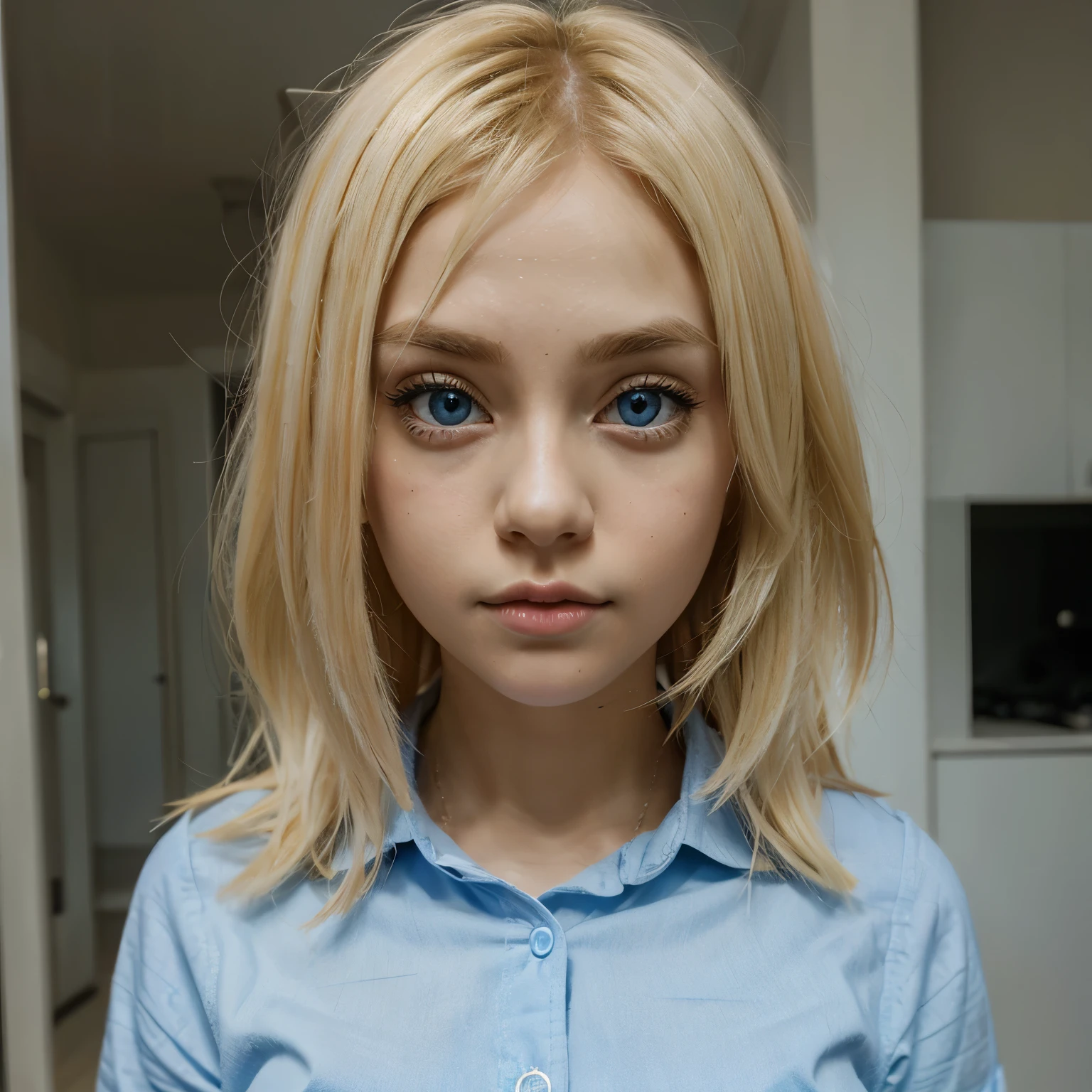 2d cartoon girl, blonde hair, big eyes, cute, blue shirt, white skin 