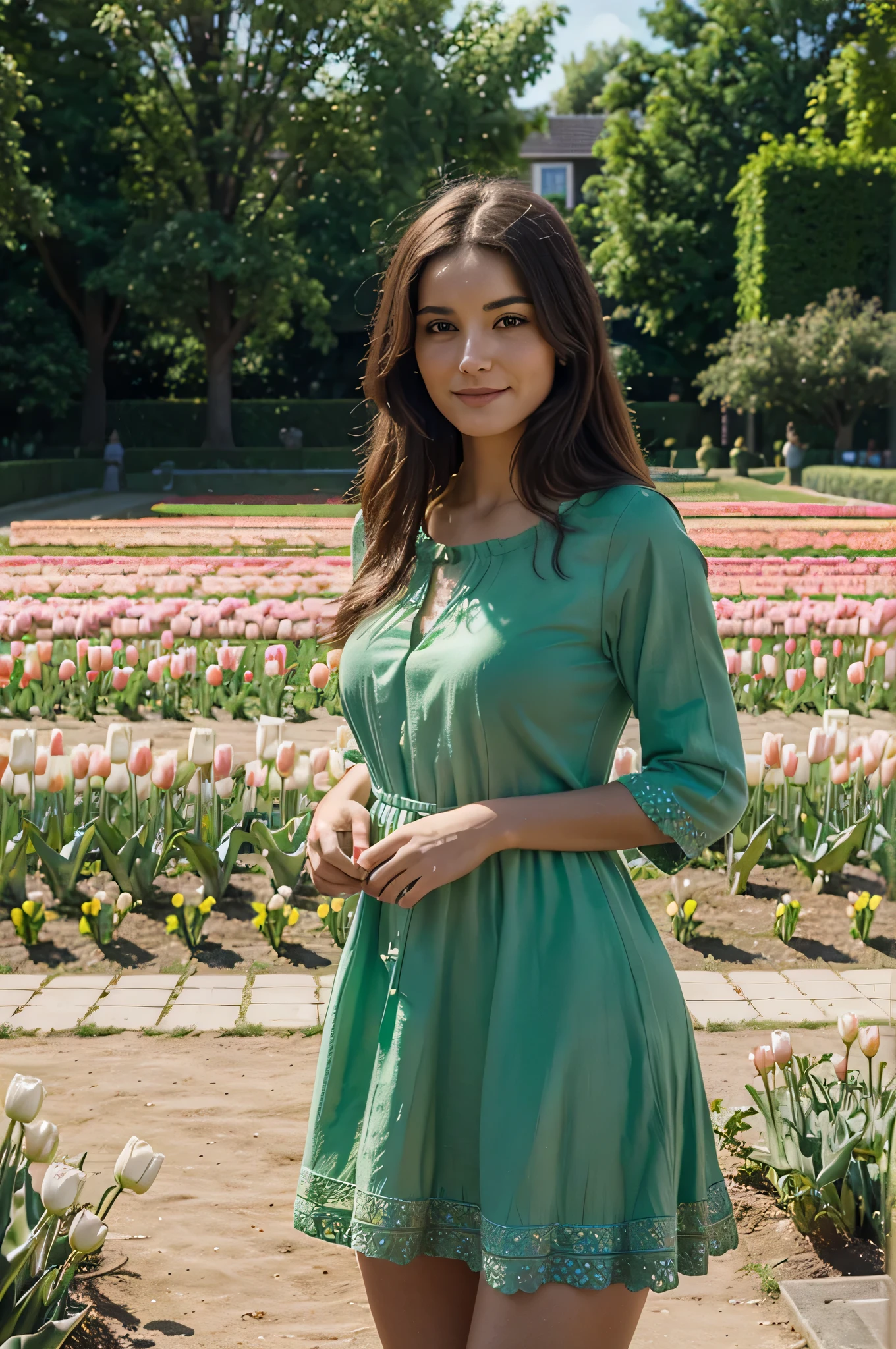 (best quality,ultra HD,realistic:1.2),pretty woman, green frock, smirking, relaxed environment, in a tulip garden, sunny day, distant shot, ultra-detailed ,vivid colors