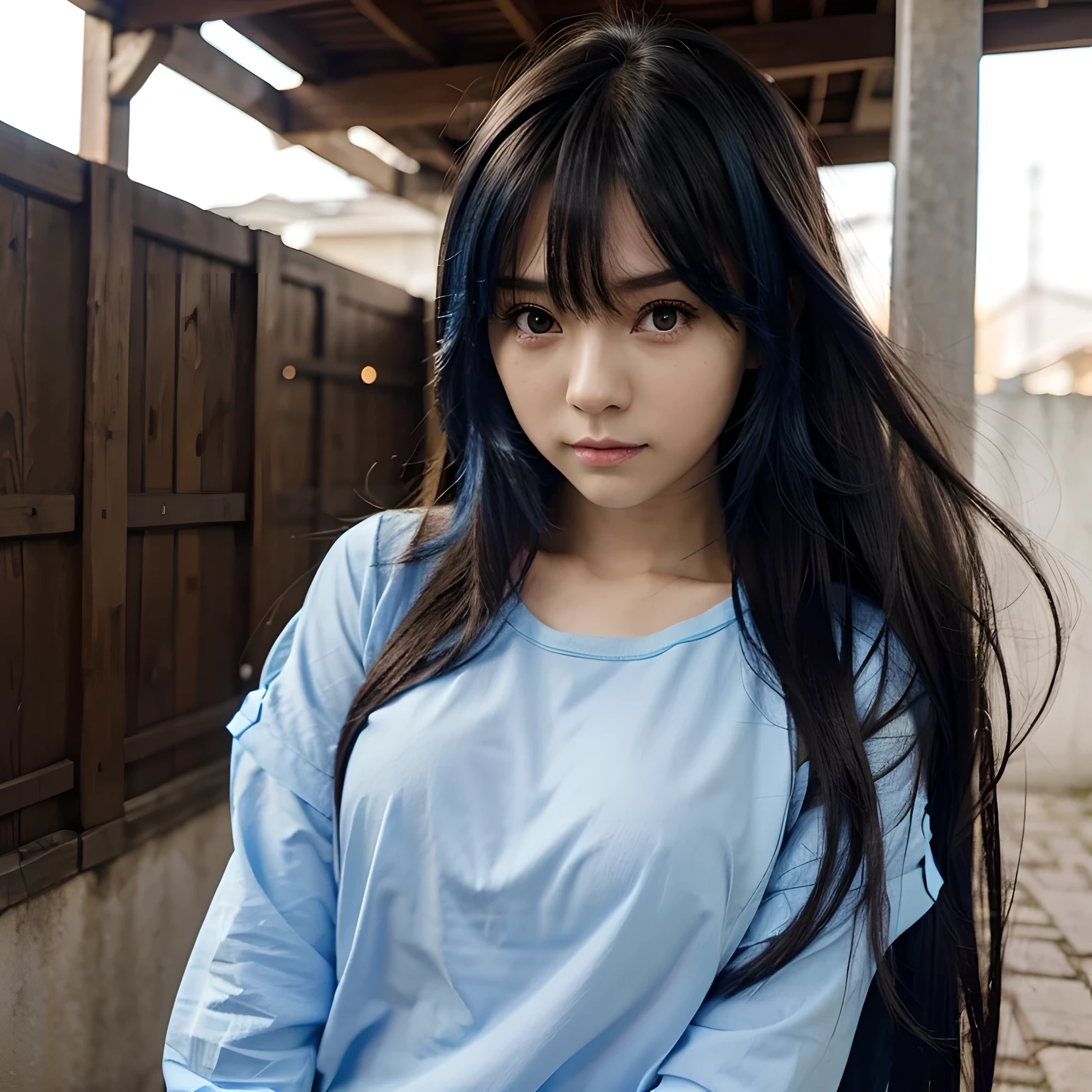 anime girl cute blue shirt long hair