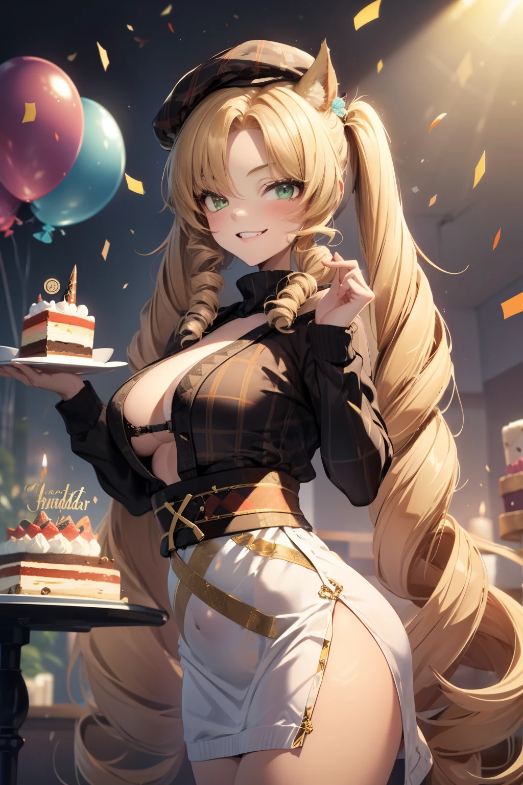 (master piece, best quality:1.2), absurdres, vibrant colors, (front light:1.4), 1 (attractive woman, white platinum long hair:1.2), 1girl, (SWIRE), (twintails:1.3), (gold x-hair ornament:1.2), (medium-large :1.2), (full-figured body, soft body:1.0), (bright smile:1.2), horny, y, attractive face,
BREAK balloons, birthday celebration, birthday gifts and surprises, cake frosting, candlelight, celebration, confetti, confetti falling, decorated cake, looking at viewer, holding a beautiful (birthday cake), cowboy shot, perfect body, standing, happy, plaid sweater, nature, Japanese landscape background, (plaid beret:1.0), vibrant colors, (one open eye:1.3), (wink:1.4)
