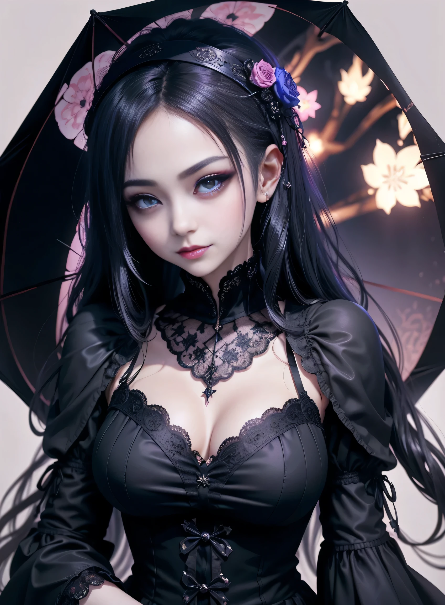 Gothic lolita、gotik、18year old、boredom、garterbelts、knee high socks、A slight smil、A sexy、Glamour、shadings、wretched、Beautie、Glamorous、Dark smile、Dark ambient space、bell sleeves、Wizard Sleeve、Deep、gasp、doress、Cheek dyeing、Beautiful world、Goth Lorica Headband、Dark Gothic Makeup、Mysterious、Japanese umbrella、Night cherry blossom background、、Black long straight hair、One Piece Lace Blue、the witch、gasp、doress、