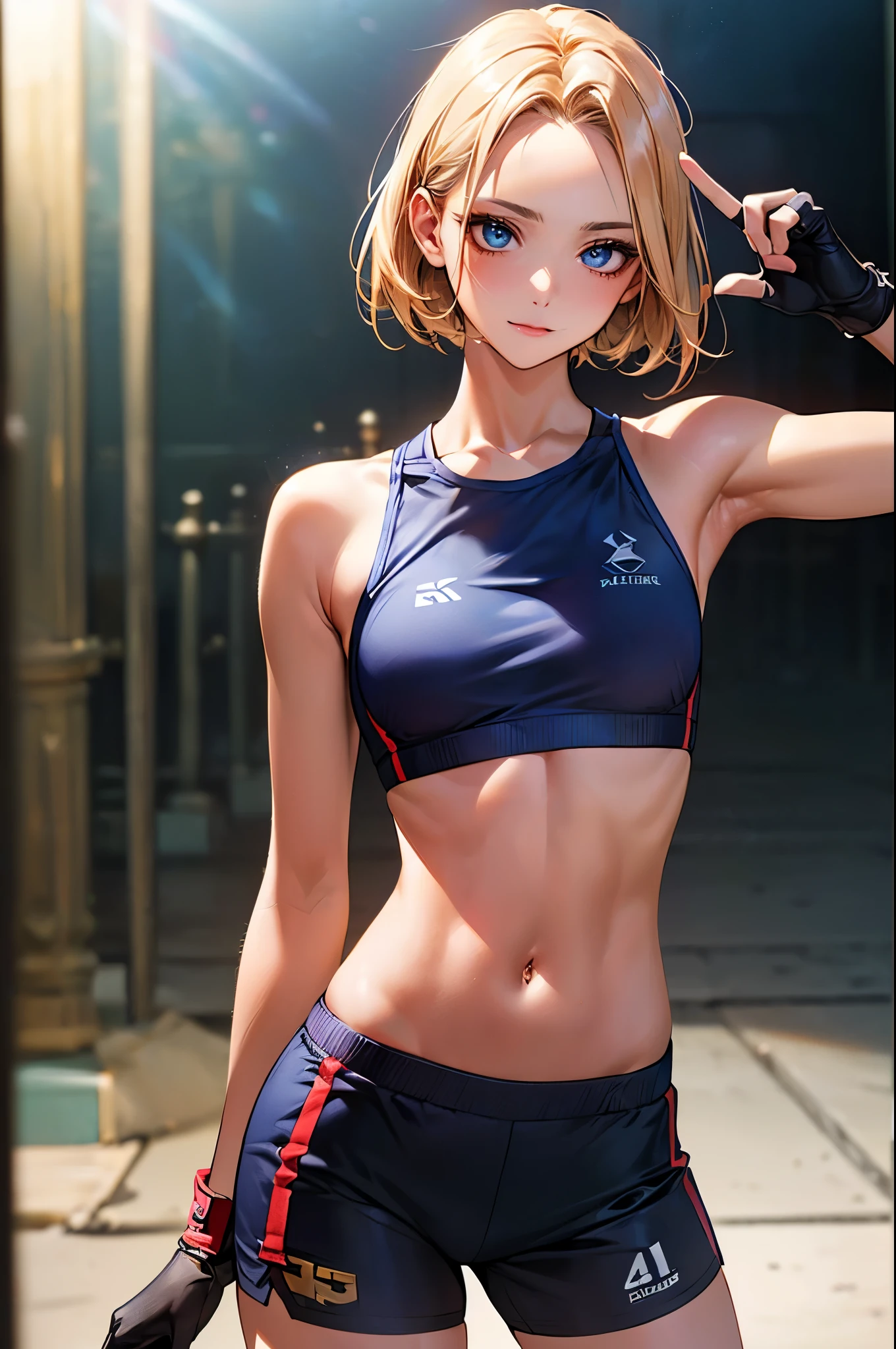 ((perfect anatomy,realistic,:1.3,RAW Photography:1.3,masterpiece、highest quality、Ultra - High resolution、High resolution、Highly detailed CG、8K)),cowboy shot,1 female,solo,20 year old beauty、female martial arts athlete、beautiful detailed face and eyes,big and gorgeous eyes),dark blue eyes,(blonde hair,center parted bangs,big forehead,short hair),(large breasts,slender body,small head:1.4, toned body, gleaming skin,oily skin,shiny skgin),(navy blue sports bra、Dark blue sports shorts、yellow open finger gloves)、fighting pose、simple martial arts ring、dim lighting、underground、audience、