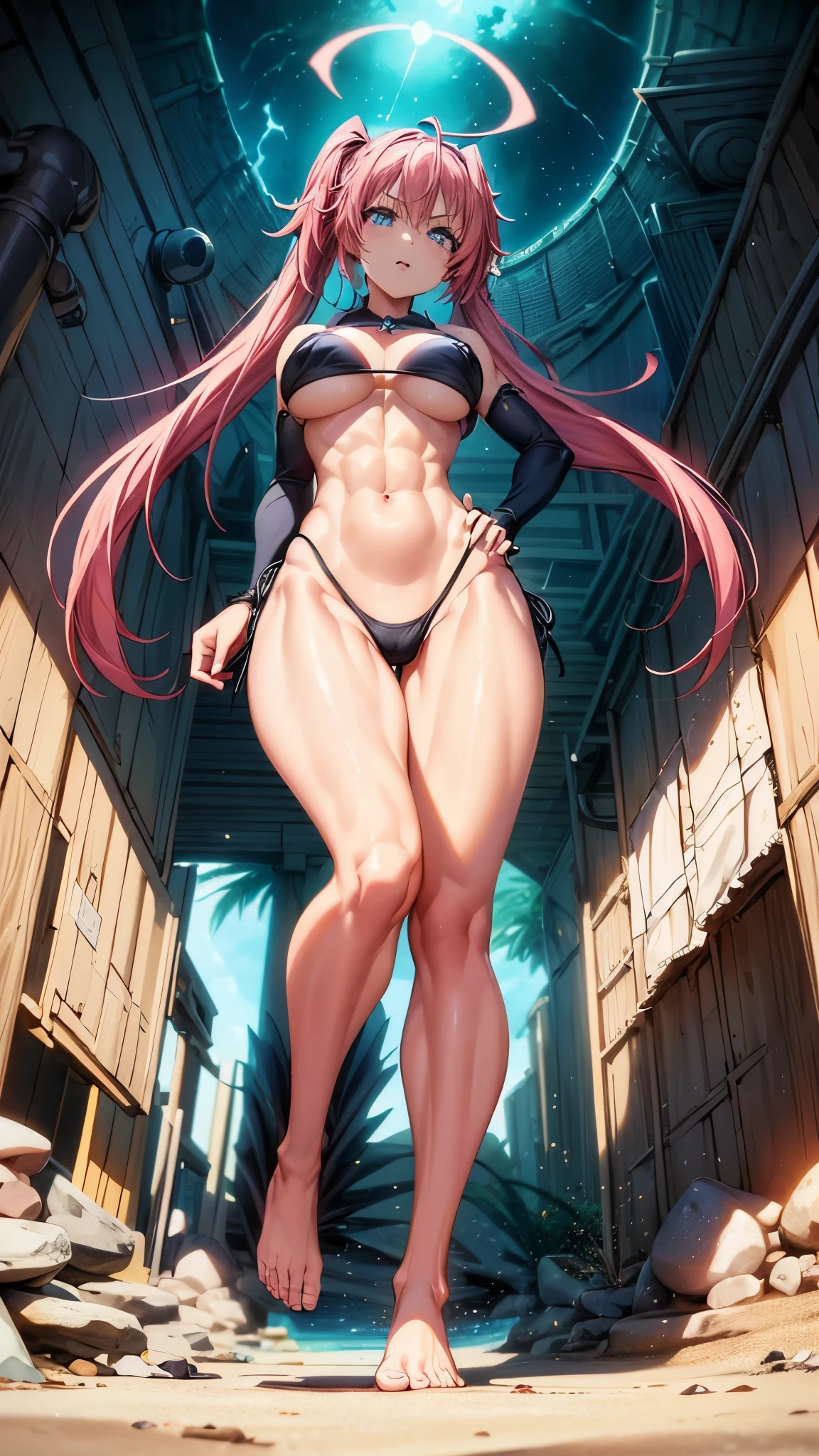 1 girl, (medium boobs))) (((big ass))), (happy), (((wearing short bikini))), (long pink hair), (((blue eyes))), (on the beach with hot sun), (slender), (thin waist), (butt only), legs (slim and muscular), muscular belly, bare feet, (evil look), (( (full body photo))), (of foot ), showing ass to the audience, (full body scene), twintails, glowing eyes, eye reflection, anime, Anime Style, ray tracing, glow, drop shadow, panorama, Sony FE, 8k, high definition, artwork, Accurate, Anatomically Correct, super detail, Best quality, high resolution, high definition, 16k