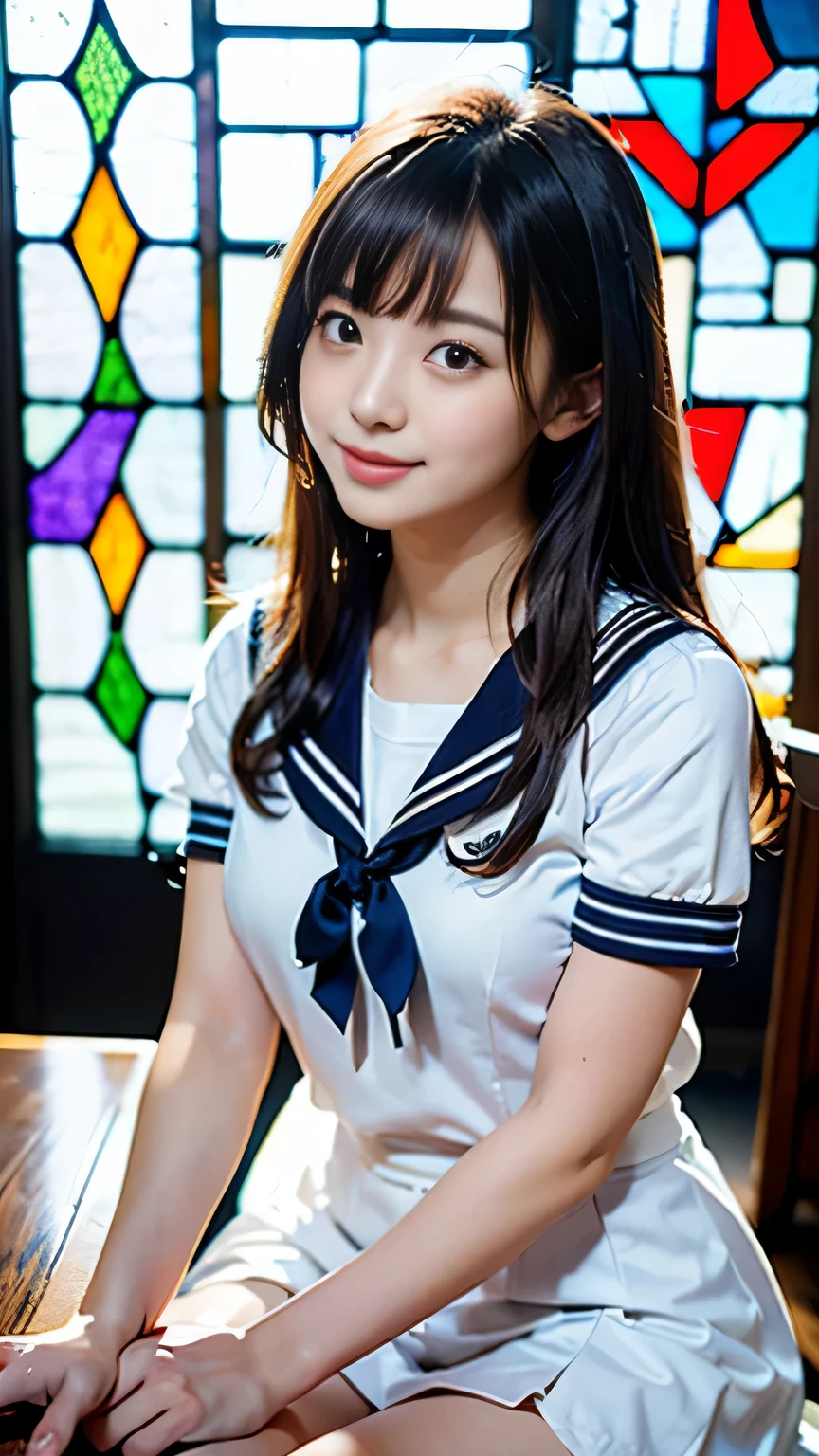(((draw only one woman: 2))), Beautiful 18 year old Japanese woman, (A high school girl wearing a sailor uniform with short sleeves and a ribbon: 1.5), (Japan'strict girl' school sailor suit), ((Sailor suit that fits the body:1.5)), ( High school girl sitting in a church pew: 1.2), (Against the background of beautiful and elaborate stained glass: 1.5), ((1 screen)), In 8K, RAW shooting, highest quality photos, table top, amazingly realistic photos, (cinematic lighting:1.5), ((anatomically correct proportions: 1.5)), ((perfect proportions)), (A cute woman like a Japanese idol:1.5), detailed face, fine eyes, narrow nose, fine skin, (beautiful long hair: 1.5), (transparent bangs:1.5), {{close up of face:2.0}}, (smile:1.2), (angle from the side:1.2)