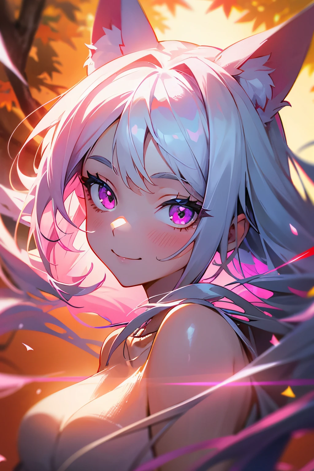 (the masterpiece,Best quality,ultra high resolution),portraits a.,1 girl, I look at the viewer,Beautiful face, detailed eyes,Long silver curls, shiny hair, shiny skin, with glowing light ,bare hands,(shortened shoulders:1.2),Hands don't appear:1.5,stunning visual effect,bright color, pink long hair, pink eyes, fox pink ears, smile, autumn, Autumn theme