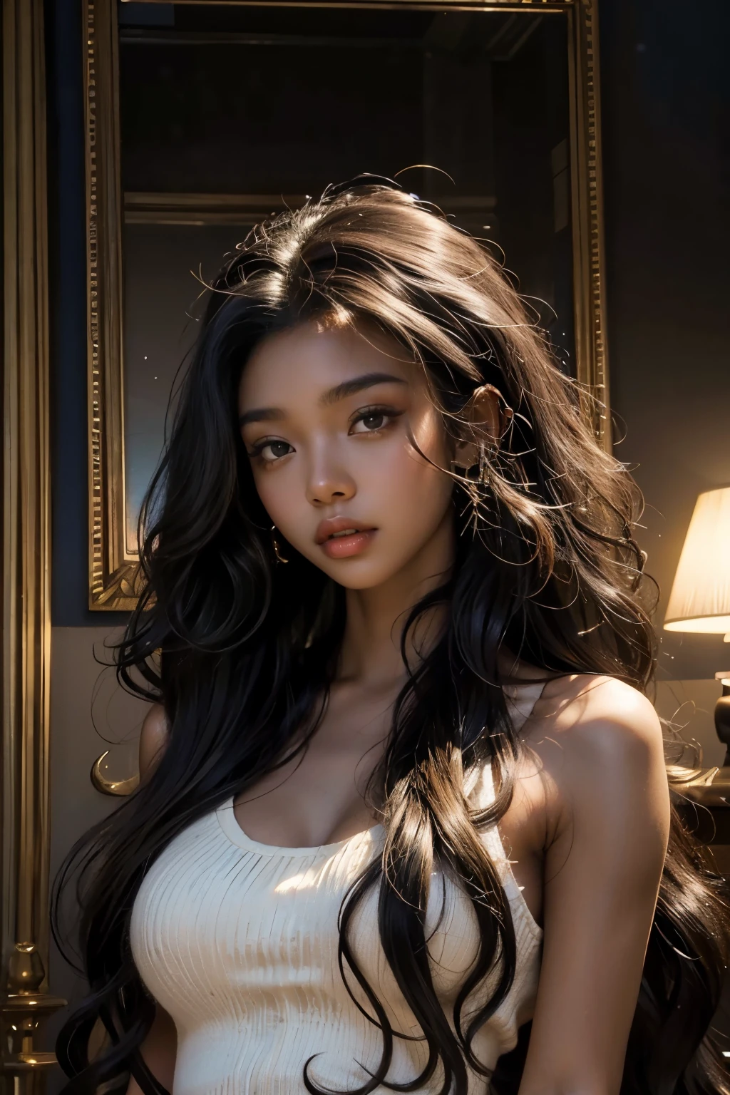 masterpiece, best quality, beautiful black and Asian mixed 19 year old, ebony skin female, long, frizzy, curly dark hair, perfect face, half body, long hair, melanin
