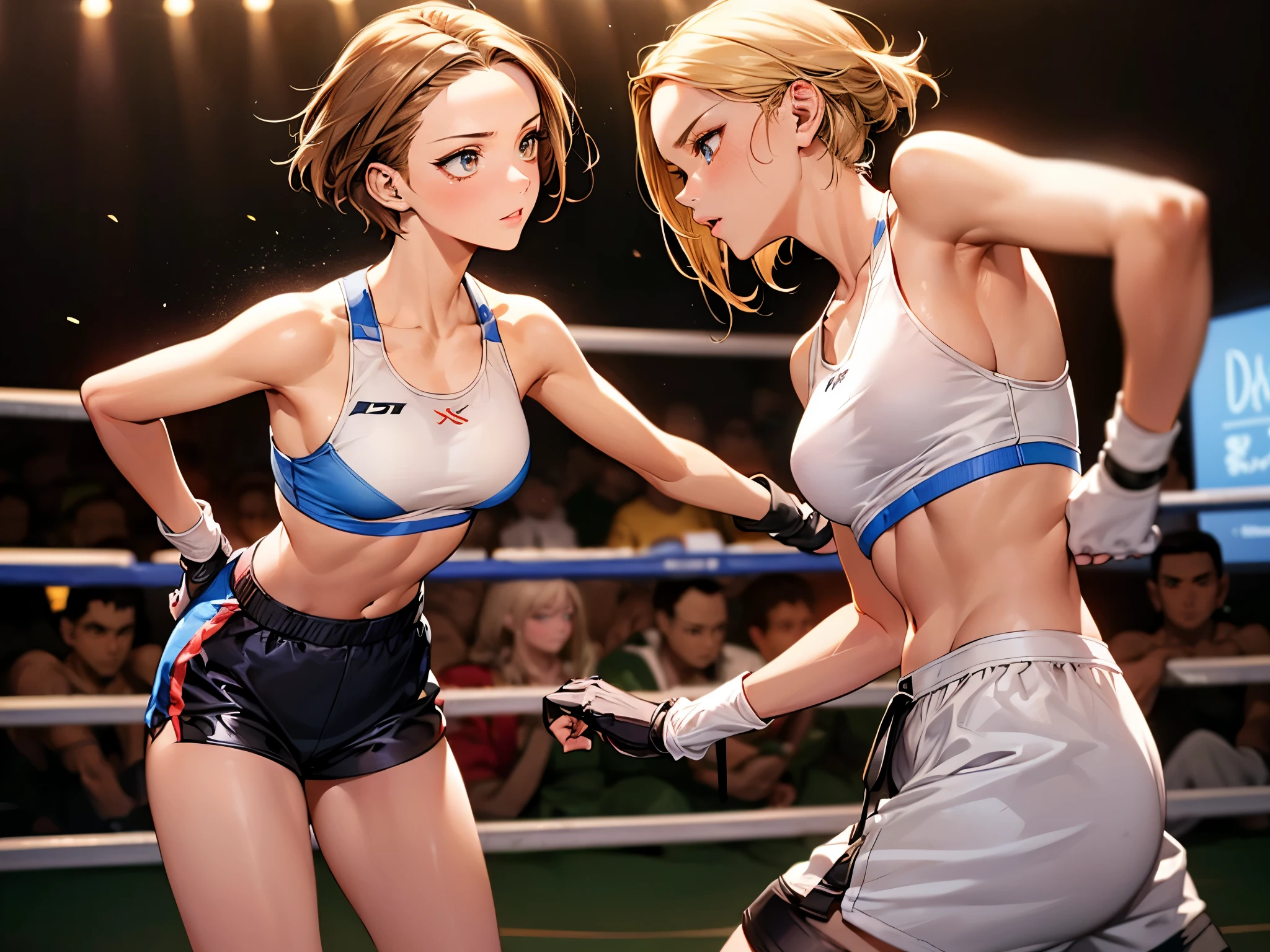 (2woman,A woman with short brown hair and a woman with short blonde hair、During a martial arts match、Brunette woman hits blonde woman:1.7)、((perfect anatomy:1.7,realistic,:1.3,RAW Photography:1.3,masterpiece、highest quality、Ultra - High resolution、High resolution、Highly detailed CG、8K)),cowboy shot,20 year old beauty、female martial arts athlete、beautiful detailed face and eyes,big and gorgeous eyes),dark blue eyes,(blonde hair,center parted bangs,big forehead,short hair),(large breasts,slender body,small head:1.4, toned body, gleaming skin,oily skin,shiny skgin),(Yellow Sports Bra、White sports shorts、yellow open finger gloves)、simple martial arts ring、dim lighting、parking lot、audience、