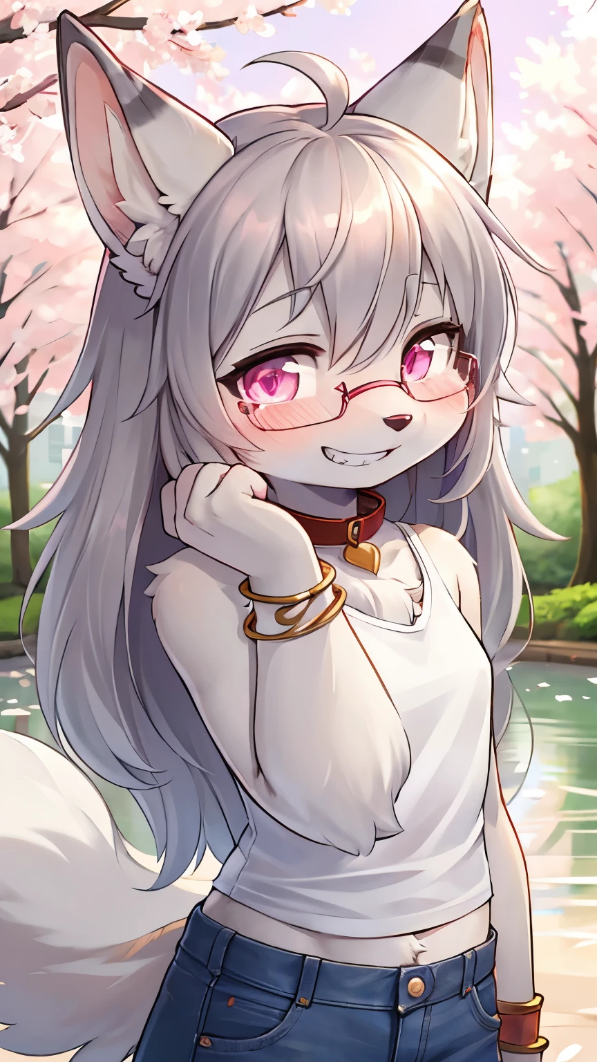 best quality,best resolution,(fluffy anthro furry :1.6),(young :1.6),light grey cat girl,small breasts,pink eyes,glowing eyes,light grey long hair,wavy hair,messy hair,light grey cat ears,heart collar,grey bracelet,glasses,sakura hairpin,denim short,white camisole,huge sakura pond,sakura garden,sumbeam,looking at viewer,heavy reath,very hot,full face blush,sakura petals floating in the wind,sparkling eyes,glistering eyes,playful face,grin,naughty pose,