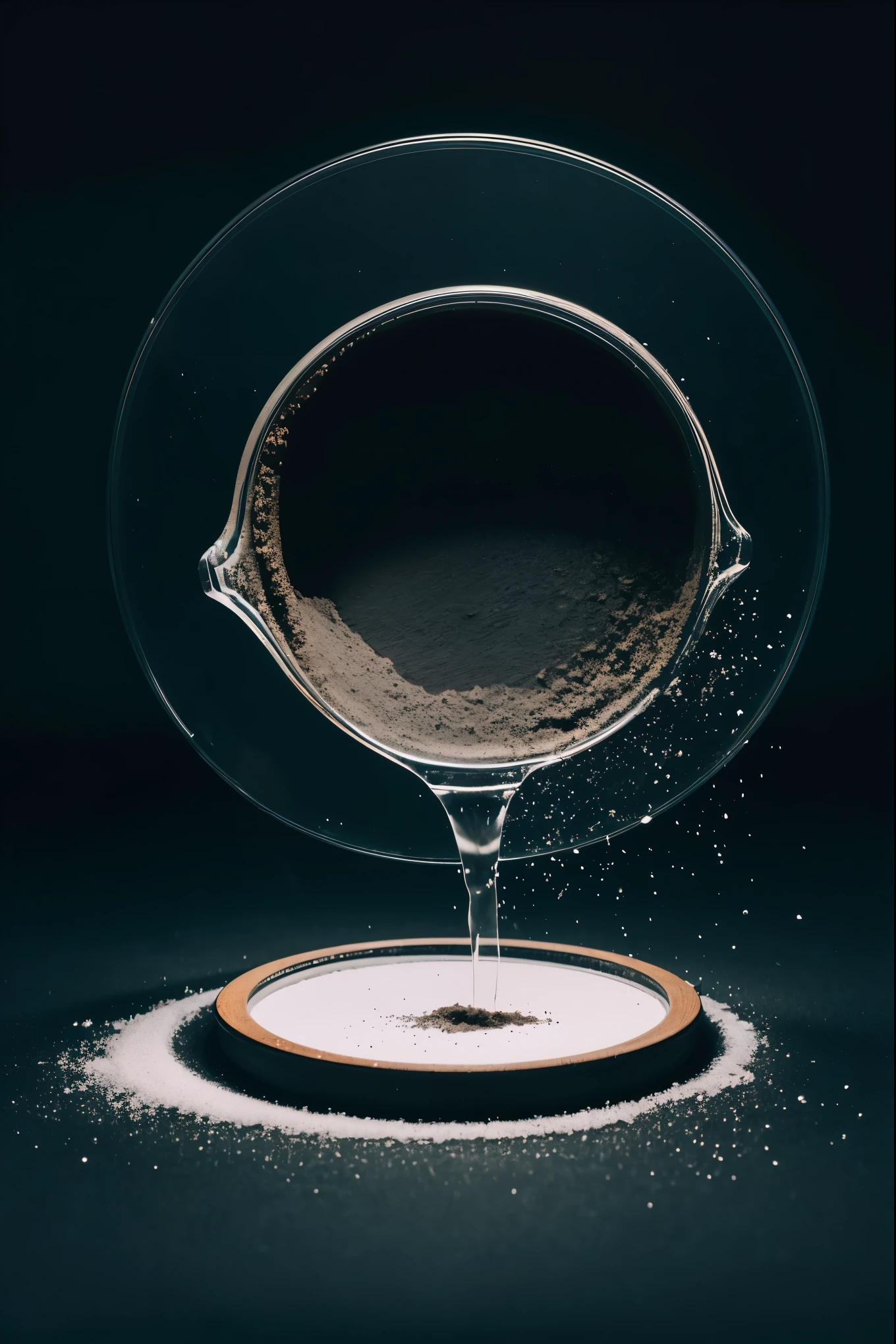 A glass contains black powder until it spills around the glass. cracked gradient black wall background