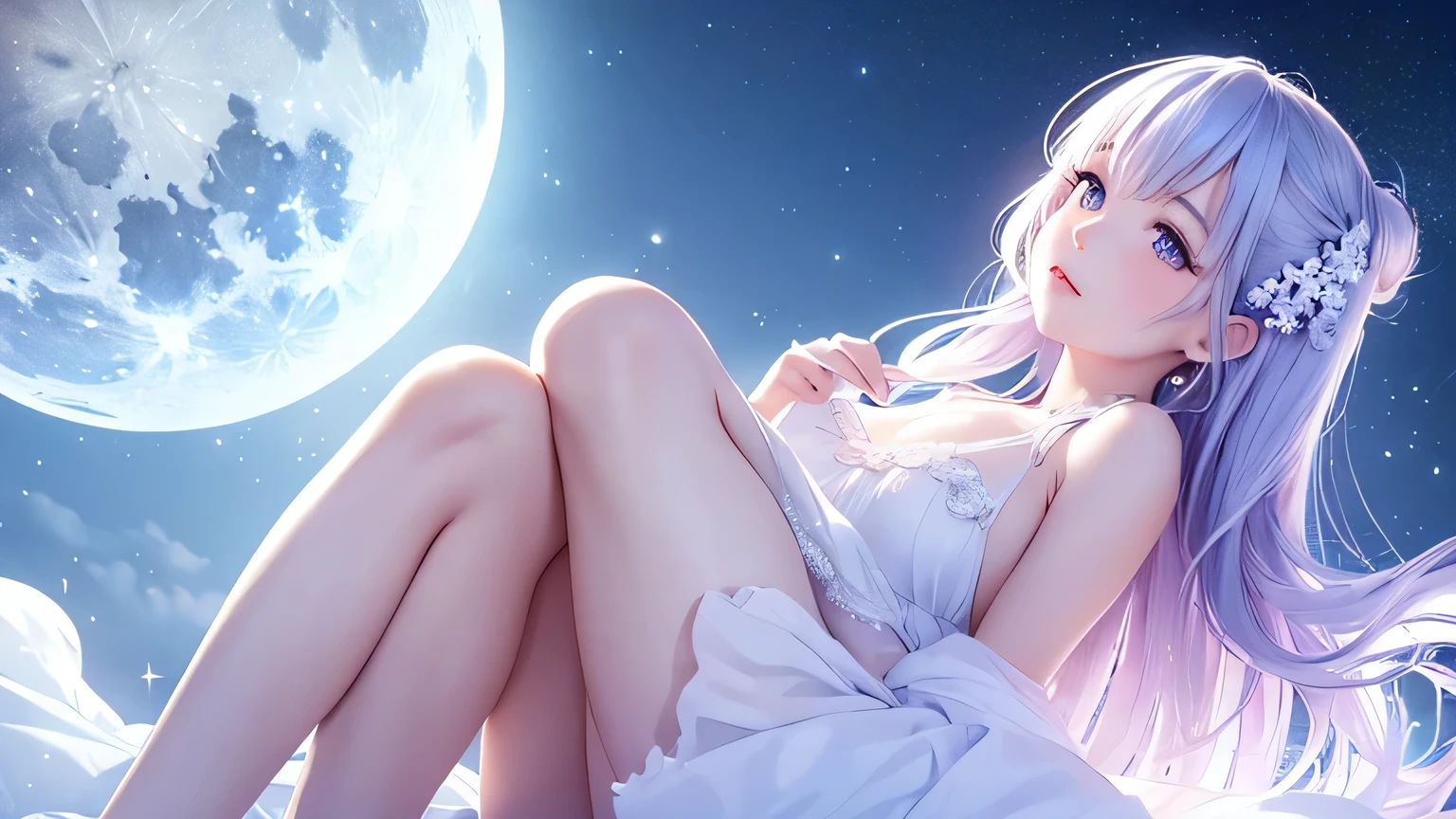 a beautiful 20 year old blonde nude woman with big messy hair, laying on a fluffy cloud, floating gracefully over a small city, cityscape, twinkling stars and glowing moon at night, cute detailed digital art, colorfull digital fantasy art, digital fantasy art ), glossy digital painting, rossdraws pastel vibrant, rossdraws 2. 5, rossdraws 1. 0