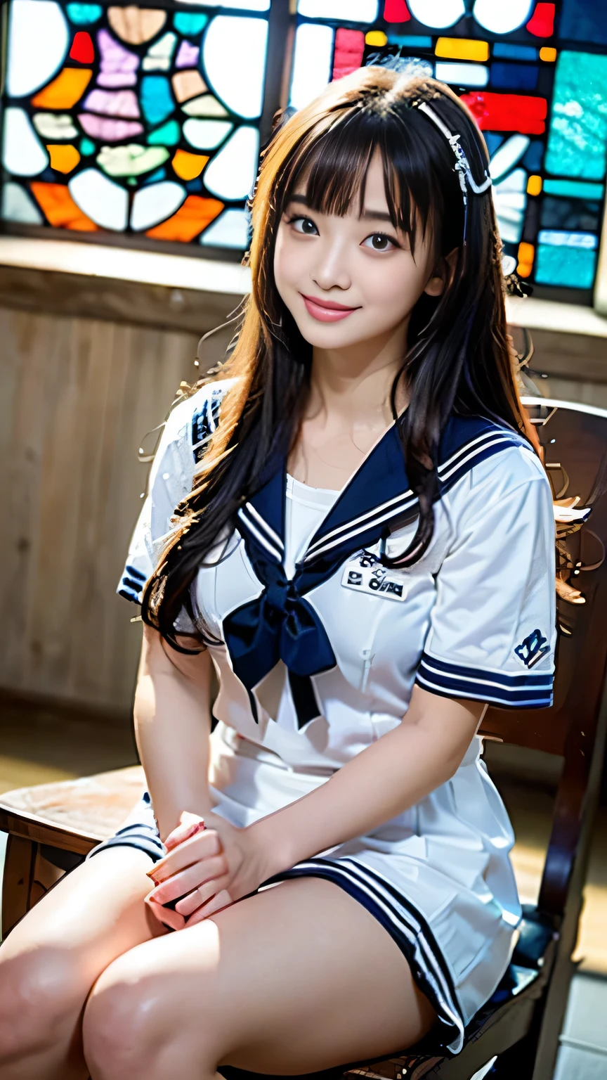 (((draw only one woman: 2))), Beautiful 18 year old Japanese woman, (A high school girl wearing a sailor uniform with short sleeves and a ribbon: 1.5), (Japan'strict girl' school sailor suit), ((Sailor suit that fits the body:1.5)), ( High school girl sitting on a pew in church: 1.2), (Against the background of beautiful and elaborate stained glass: 1.5), ((1 screen)), In 8K, RAW shooting, highest quality photos, table top, amazingly realistic photos, (cinematic lighting:1.5), ((anatomically correct proportions: 1.5)), ((perfect proportions)), (A cute woman like a Japanese idol:1.5), detailed face, fine eyes, narrow nose, fine skin, (beautiful long hair: 1.5), (transparent bangs:1.5), {{close up of face:2.0}}, (smile:1.2), (angle from the side:1.2)