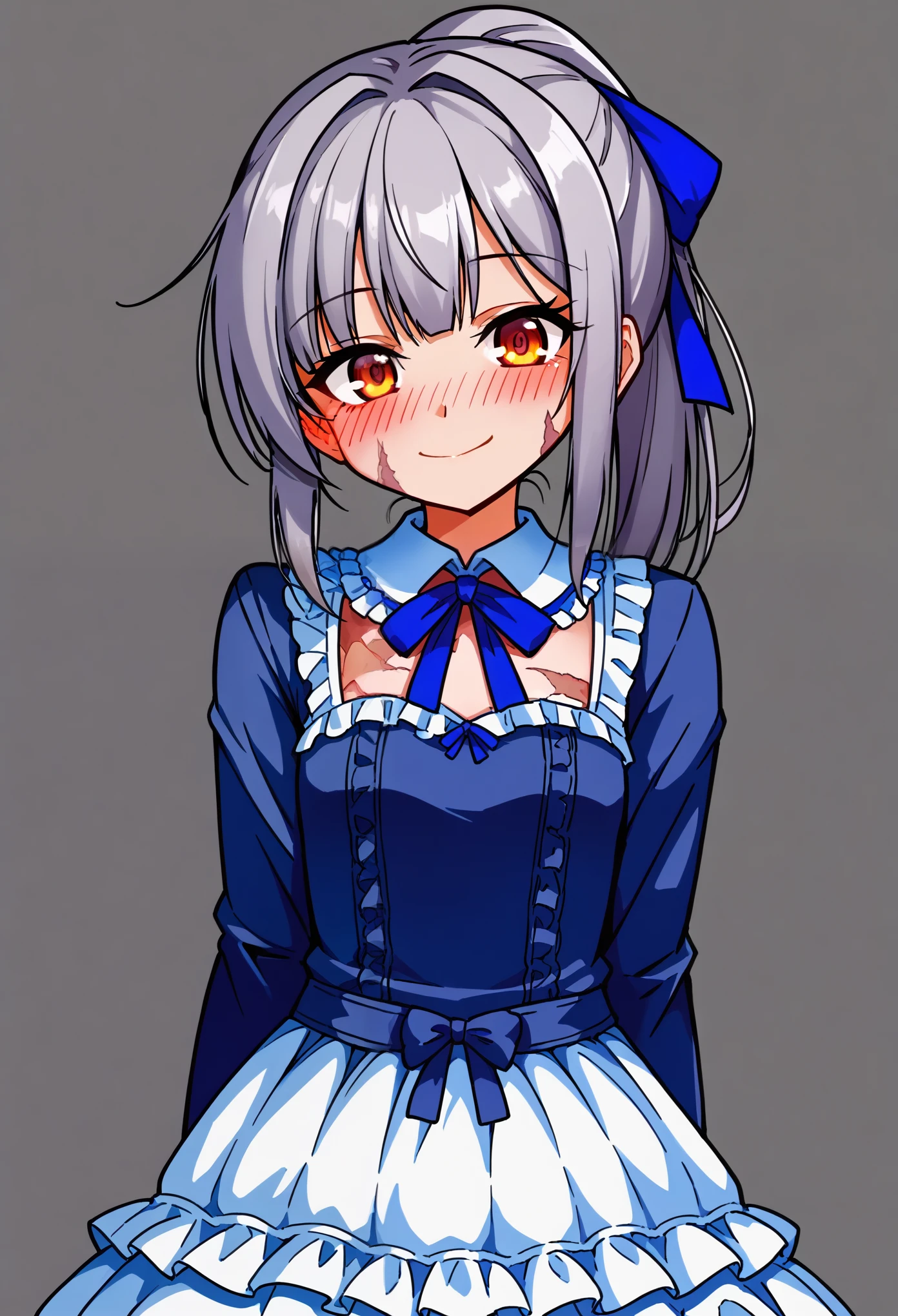 (masterpiece, best quality, absurdres), source_anime, (score_9, score_8_up, score_7_up, score_6_up, score_5_up, score_4_up), 1girl, solo, small breasts, dark gray hair, long hair, ponytail, blue hair ribbon, dark gray eyes, scars, burn scars, small smile, cute smile, blushing, head tilt, blue victorian dress, frilled dress, sleeves, skirt, standing, arms behind back, upper body, gray background, simple background, soft