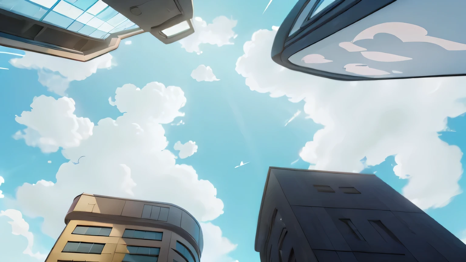 there are many tall buildings in the sky with clouds in the background, anime style cityscape, anime sky, background art, random background scene, day cityscape, anime background, highschool background, anime background art, town background, perspective sky, looking up perspective, looking at the sky, town center background, looking to the sky, background artwork, city background