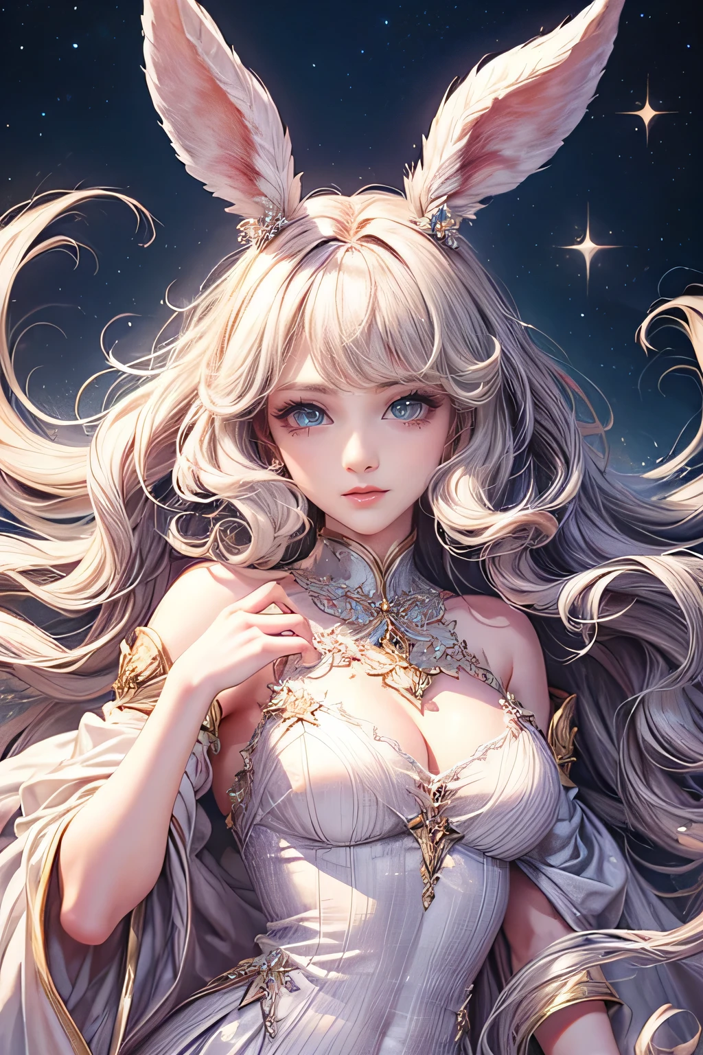 (highest quality,8K,cg),Upper body details, girl,moon background,complex facial features,elegant long curly hair,big almond shaped eyes,detailed eye makeup,long eyelashes,twinkling stars,exquisite lip detail,soft and harmonious style,Bunny ears