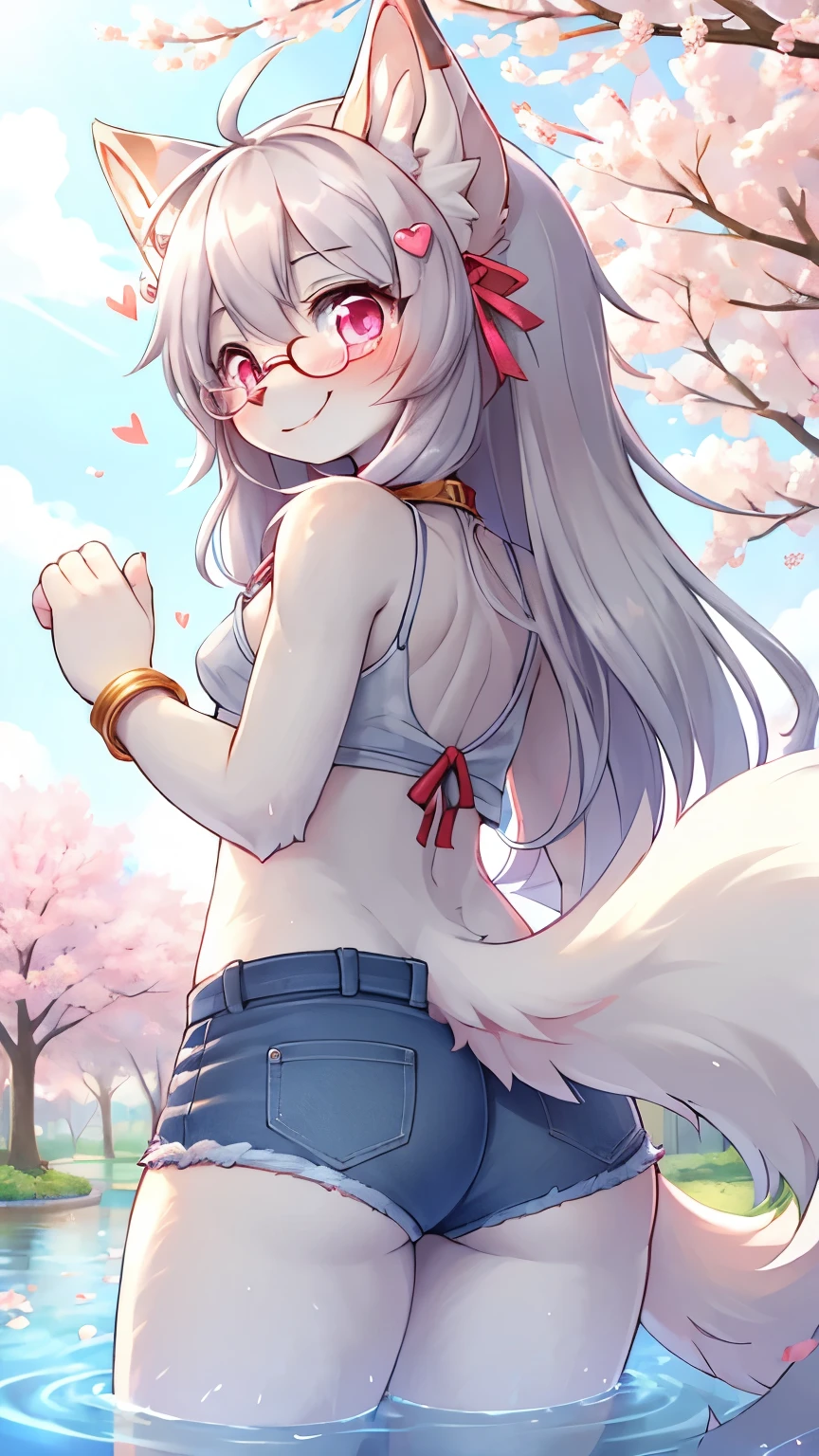 best quality,best resolution,(fluffy anthro furry :1.6),(young :1.6),light grey cat girl,small breasts,pink eyes,glowing eyes,light grey long hair,wavy hair,messy hair,light grey cat ears,heart collar,grey bracelet,glasses,sakura hairpin,denim short,white camisole,huge sakura pond,sakura garden,sumbeam,looking at viewer,heavy reath,very hot,full face blush,sakura petals floating in the wind,sparkling eyes,glistering eyes,playful face,naughty pose,smile,glggle,back view