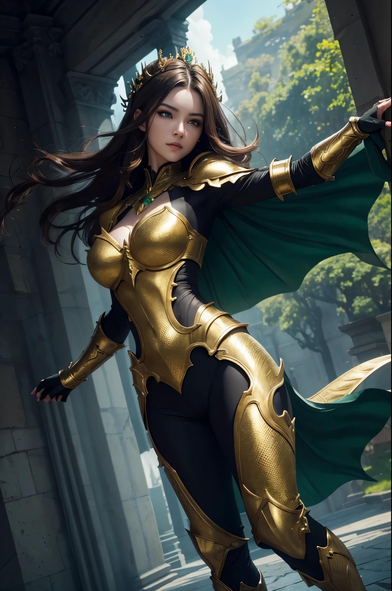 8K,dragon horn,sexy dragon armor,,A dragon princess full of elegance,Super beautiful(like the real thing),brown hair,Inside the Royal Palace,green rouge,golden eyes,sharp stab,masterpiece,Photorealistic RAW photos of the highest quality。bright colors,rich colors, Backlight, cinematic lighting, film grain, to be born, 50MM lens, Nikon D850,realistic skin,fantasy art,character art,ultra high resolution,realistic scale skin,Perfect hand shape,view audience,angle of quantity,dynamic action pose,black and green combat pants,