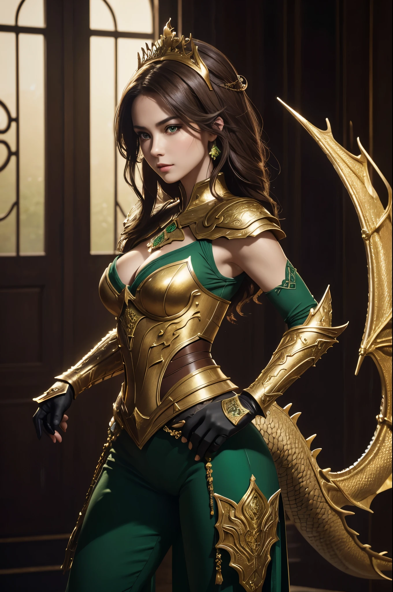 8K,dragon horn,sexy dragon armor,,A dragon princess full of elegance,Super beautiful(like the real thing),brown hair,Inside the Royal Palace,green rouge,golden eyes,sharp stab,masterpiece,Photorealistic RAW photos of the highest quality。bright colors,rich colors, Backlight, cinematic lighting, film grain, to be born, 50MM lens, Nikon D850,realistic skin,fantasy art,character art,ultra high resolution,realistic scale skin,Perfect hand shape,view audience,angle of quantity,dynamic action pose,black and green combat pants,
