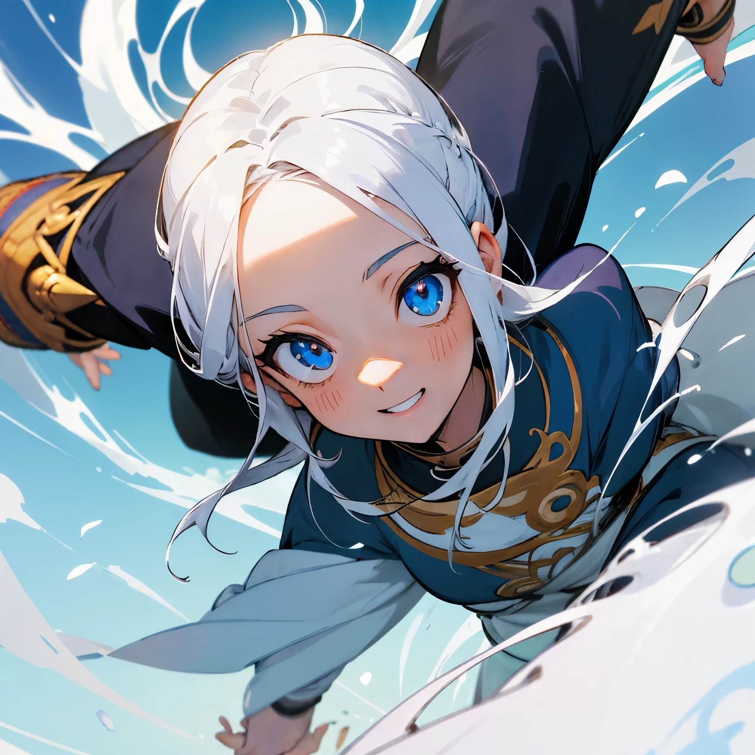 cabelo branco,olhos de susto vermelhos de perigo, sorriso assustador,dedos cruzado no meio do rosto,oculos transparente,elfo,pele pardo,roupa branca, estilo anime, masculino,in 90⁰ degrees, estilo manga