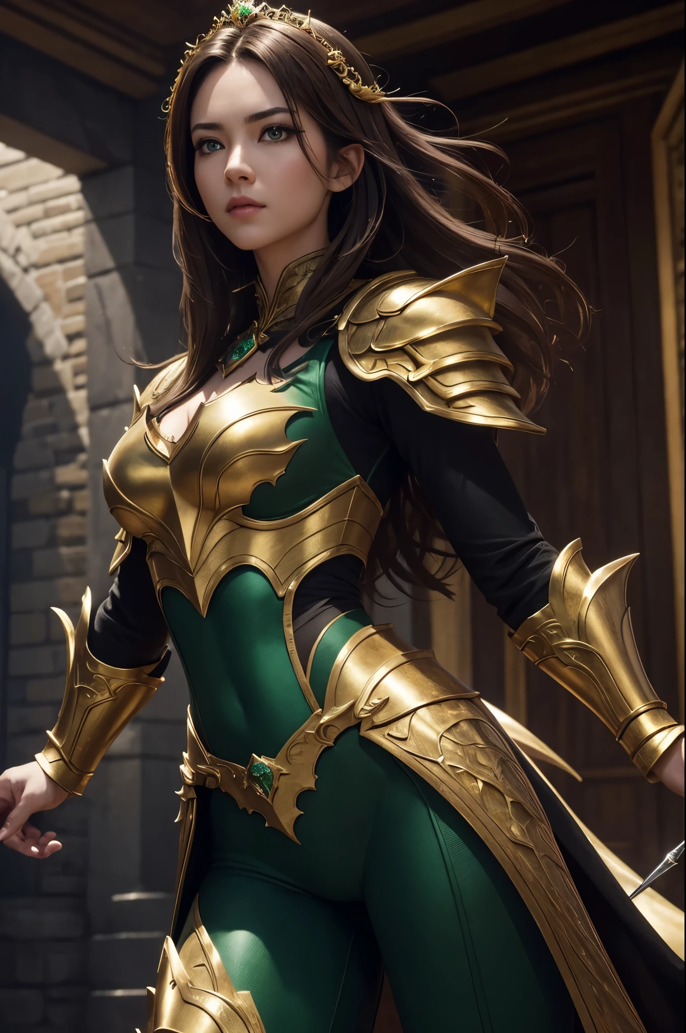 8K,dragon horn,sexy dragon armor,,A dragon princess full of elegance,Super beautiful(like the real thing),brown hair,Inside the Royal Palace,green rouge,golden eyes,sharp stab,masterpiece,Photorealistic RAW photos of the highest quality。bright colors,rich colors, Backlight, cinematic lighting, film grain, to be born, 50MM lens, Nikon D850,realistic skin,fantasy art,character art,ultra high resolution,realistic scale skin,Perfect hand shape,view audience,angle of quantity,dynamic action pose,black and green combat pants,