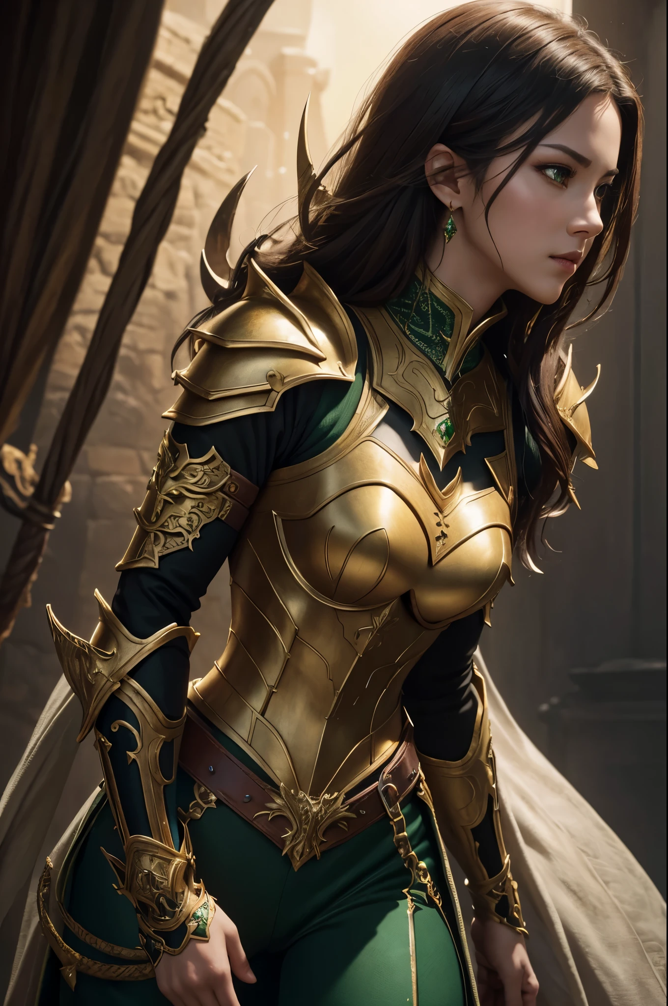 8K,dragon horn,sexy dragon chest armor,,A dragon princess full of elegance,Super beautiful(like the real thing),brown hair,Inside the Royal Palace,green rouge,golden eyes,sharp stab,masterpiece,Photorealistic RAW photos of the highest quality。bright colors,rich colors, Backlight, cinematic lighting, film grain, to be born, 50MM lens, Nikon D850,realistic skin,fantasy art,character art,ultra high resolution,realistic scale skin,Perfect hand shape,view audience,angle of quantity,dynamic action pose,black and green combat pants,