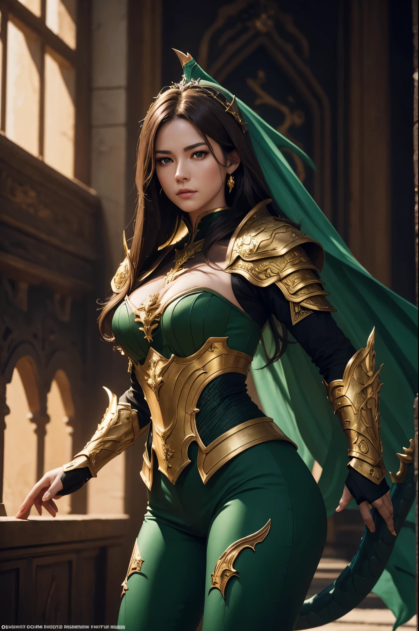 8K,dragon horn,sexy dragon chest armor,,A dragon princess full of elegance,Super beautiful(like the real thing),brown hair,Inside the Royal Palace,green rouge,golden eyes,sharp stab,masterpiece,Photorealistic RAW photos of the highest quality。bright colors,rich colors, Backlight, cinematic lighting, film grain, to be born, 50MM lens, Nikon D850,realistic skin,fantasy art,character art,ultra high resolution,realistic scale skin,Perfect hand shape,view audience,angle of quantity,dynamic action pose,black and green combat pants,
