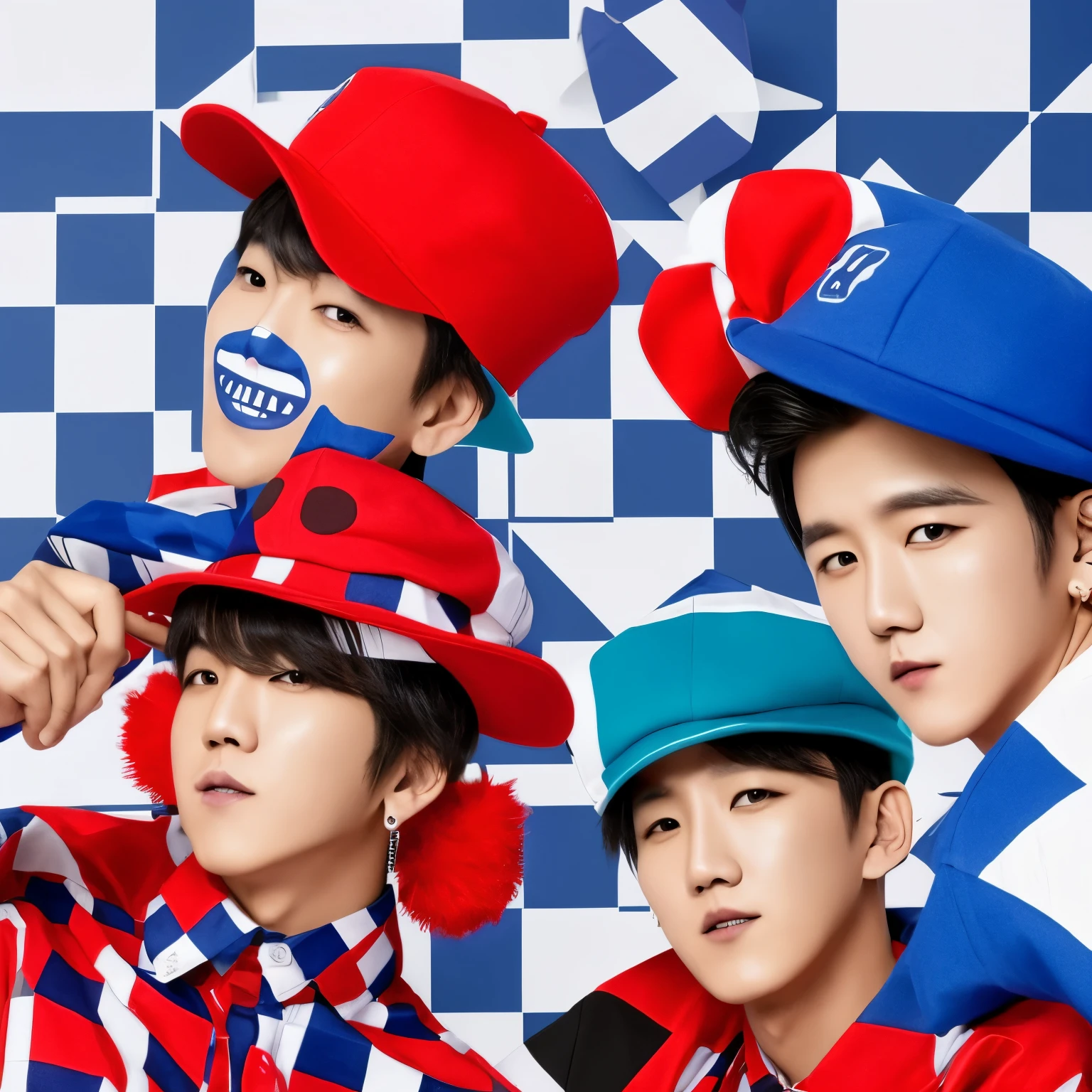 Crea un estante con estilo "Jack in the box(j-hope)", with checkered designs and clown hats, que predominen los colores negro, azul, blanco y rosado