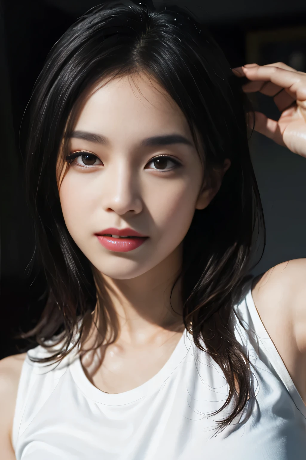 8K, Best Quality, Masterpiece, Ultra High Resolution, (Realistic: 1.4), Original Photo, (Realistic Skin Texture: 1.3), (Film Grain: 1.2), (Selfie Angle), 1 Girl, Beautiful Detailed Eyes and Face, Masterpiece, Best Quality, Light Smile,