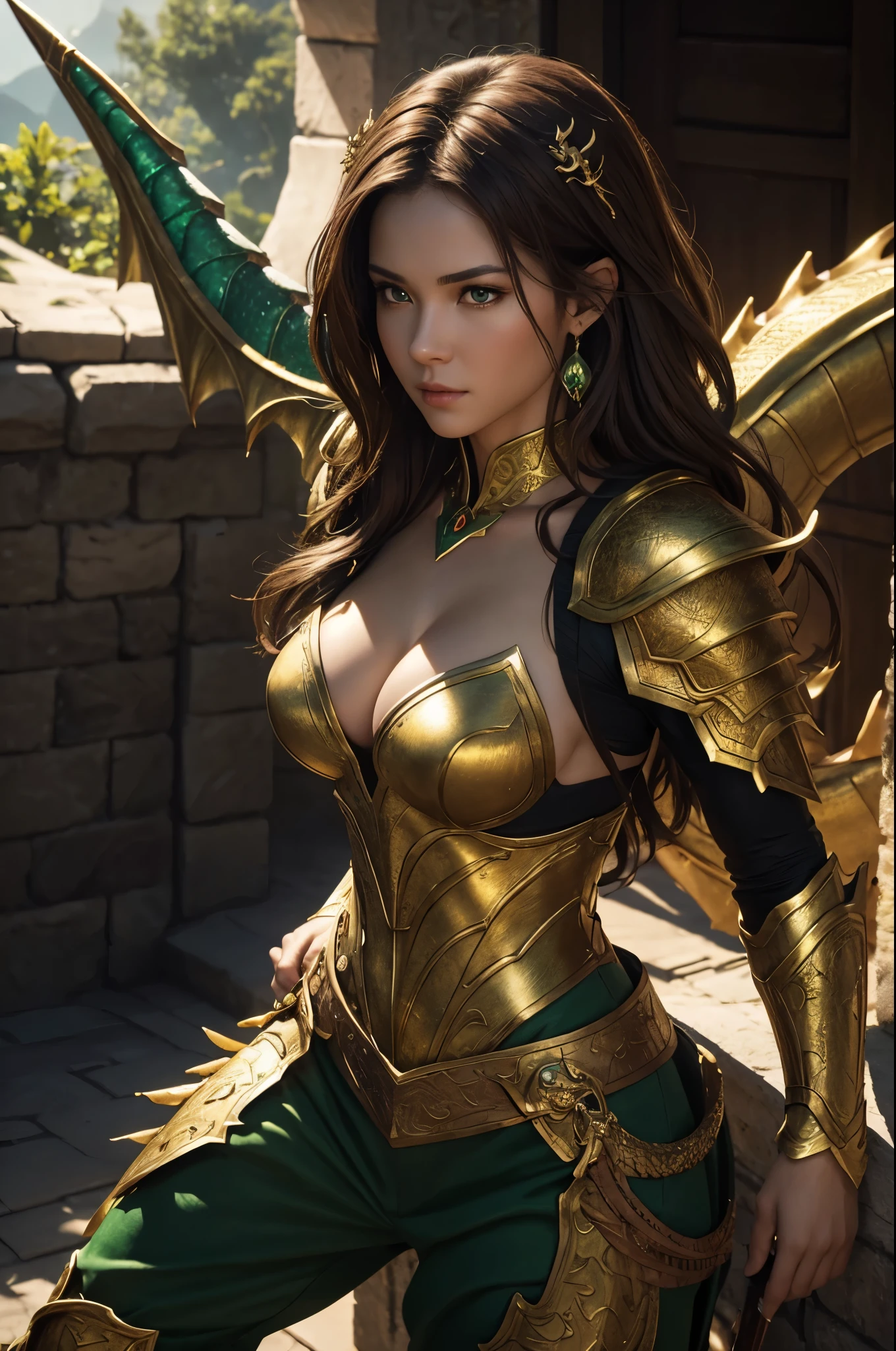 8K,dragon horn,sexy dragon chest armor,,A dragon princess full of elegance,Super beautiful(like the real thing),brown hair,Inside the Royal Palace,green rouge,golden eyes,sharp stab,masterpiece,Photorealistic RAW photos of the highest quality。bright colors,rich colors, Backlight, cinematic lighting, film grain, to be born, 50MM lens, Nikon D850,realistic skin,fantasy art,character art,ultra high resolution,realistic scale skin,Perfect hand shape,view audience,angle of quantity,dynamic action pose,black and green combat pants,dragon horn,mountainous area,