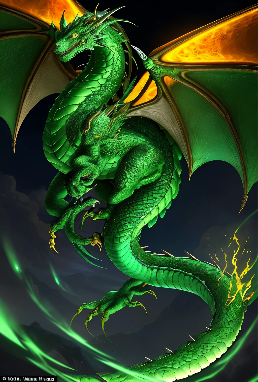 A dragon breathing vibrant green flames, majestic scales shimmering in the light, fierce gaze piercing through the darkness, immense wings spread wide, soaring in the night sky. The dragon's body is covered in intricate and detailed patterns, radiating an aura of power and mystery. The flames dance with intensity, casting an enchanting glow on the dragon's surroundings. The scene is rendered in a digital medium with ultra-high resolution, capturing every minute detail. The colors are vivid and vibrant, highlighting the dragon's ferocity. The lighting is dramatic, accentuating the dragon's presence and creating a sense of awe-inspiring spectacle.