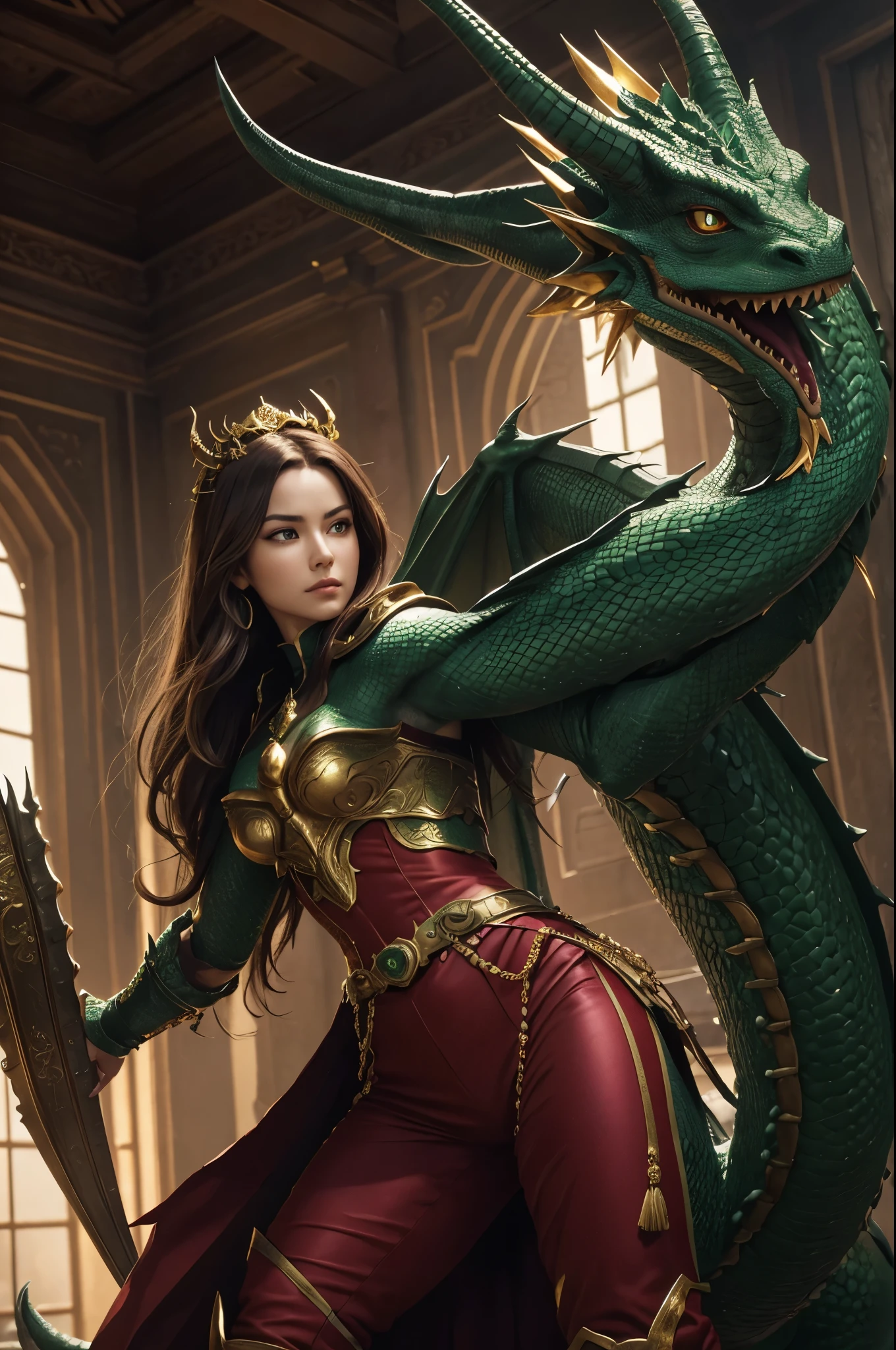 8K,dragon horn,sexy red and green dragon chest armor,,A dragon princess full of elegance,Super beautiful(like the real thing),brown hair,Inside the Royal Palace,green rouge,golden eyes,sharp stab,masterpiece,Photorealistic RAW photos of the highest quality。bright colors,rich colors, Backlight, cinematic lighting, film grain, to be born, 50MM lens, Nikon D850,realistic skin,fantasy art,character art,ultra high resolution,realistic scale skin,Perfect hand shape,view audience,angle of quantity,dynamic action pose,black and green combat pants,dragon horn,mountainous area,