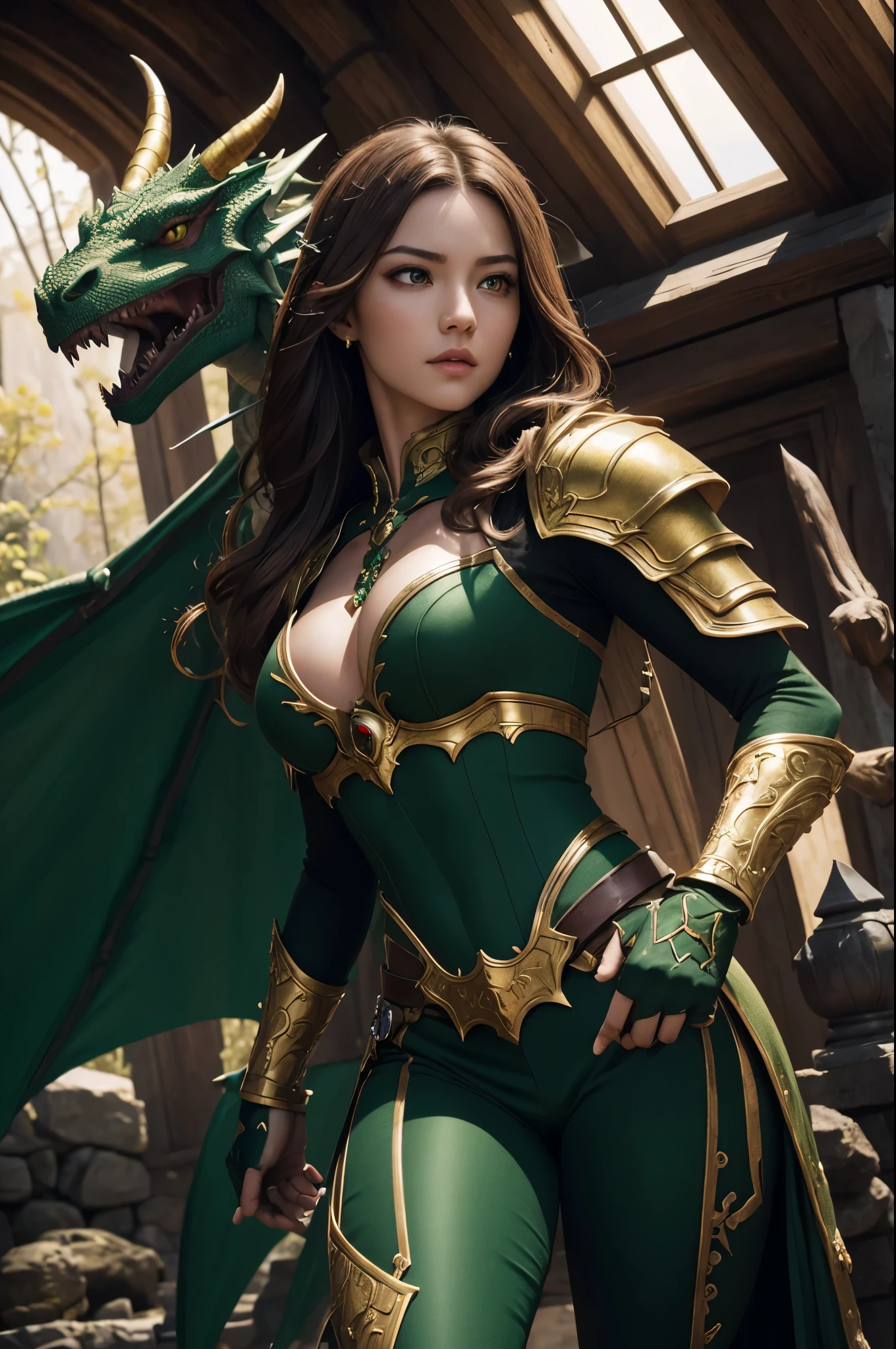 8K,dragon horn,sexy red and green dragon chest armor,,A dragon princess full of elegance,Super beautiful(like the real thing),brown hair,Inside the Royal Palace,green rouge,golden eyes,sharp stab,masterpiece,Photorealistic RAW photos of the highest quality。bright colors,rich colors, Backlight, cinematic lighting, film grain, to be born, 50MM lens, Nikon D850,realistic skin,fantasy art,character art,ultra high resolution,realistic scale skin,Perfect hand shape,view audience,angle of quantity,dynamic action pose,black and green combat pants,dragon horn,mountainous area,