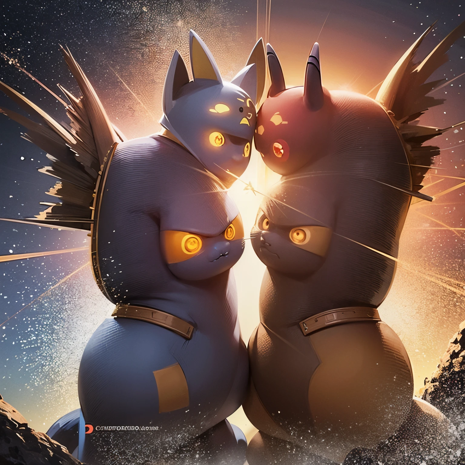 Imagine an intense and dynamic scene where Pikachu and Pochita from Chain Saw Man are in the middle of an epic battle. Pikachu, con sus mejillas brillando con electricidad, is launching a powerful lightning attack. Pochita, en su forma de demonio, despliega sus sierras giratorias, listo para contraatacar. The tension is palpable in the air charged with energy and flying sparks. El fondo muestra un paisaje destrozado por la batalla, with smoking craters and scattered debris, which adds drama to the confrontation. Lighting is crucial, con destellos de luz que reflejan la ferocidad del enfrentamiento. Cada detalle, desde las expresiones faciales intensas hasta la postura agresiva de los combatientes, debe capturar la esencia de su lucha feroz.
