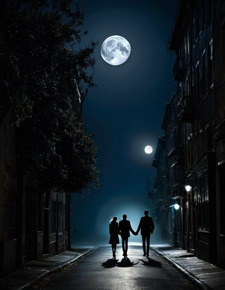 A couple walking down a street in very dark night with a moon rays only their guidance of light