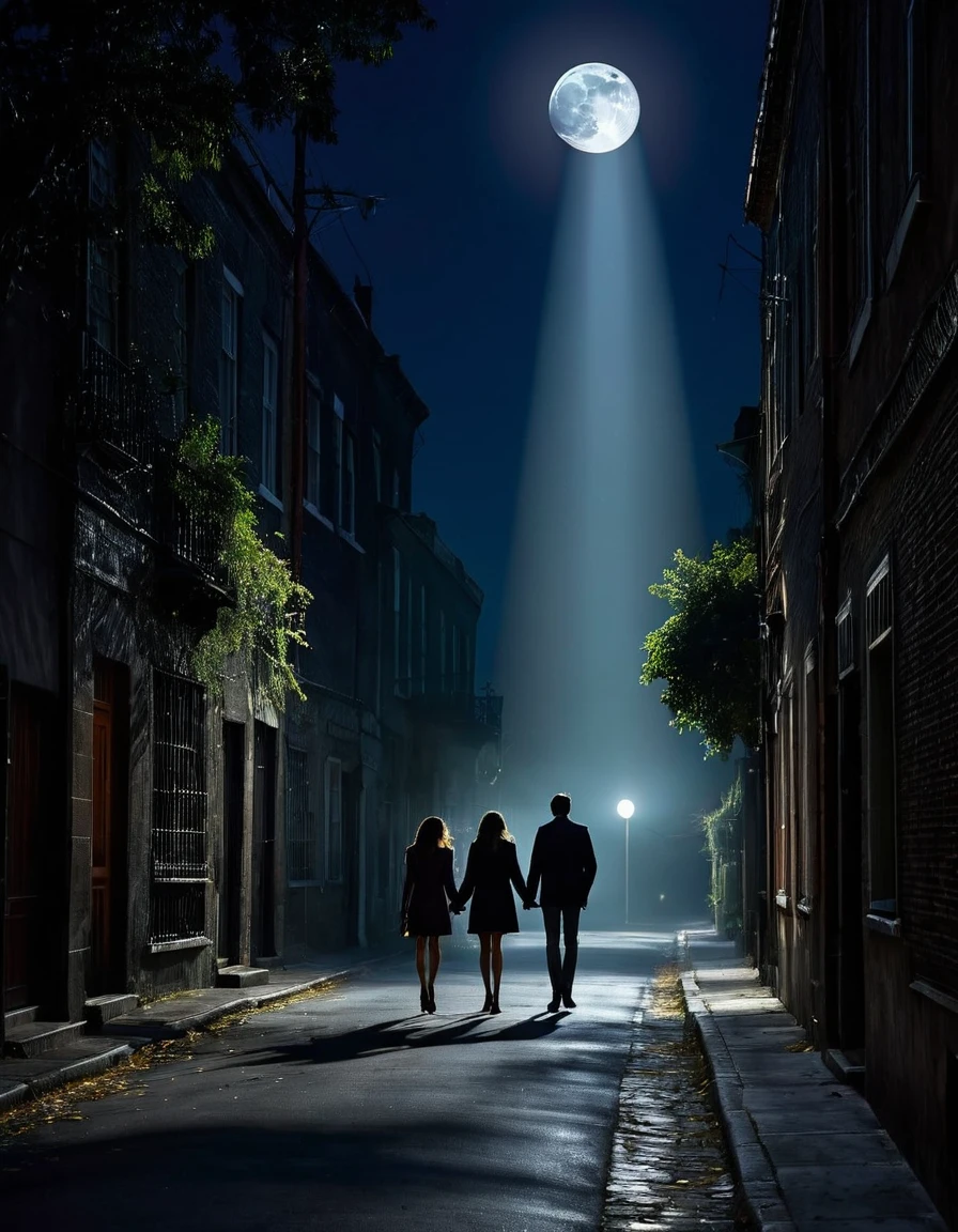 A couple walking down a street in very dark night with a moon rays only their guidance of light