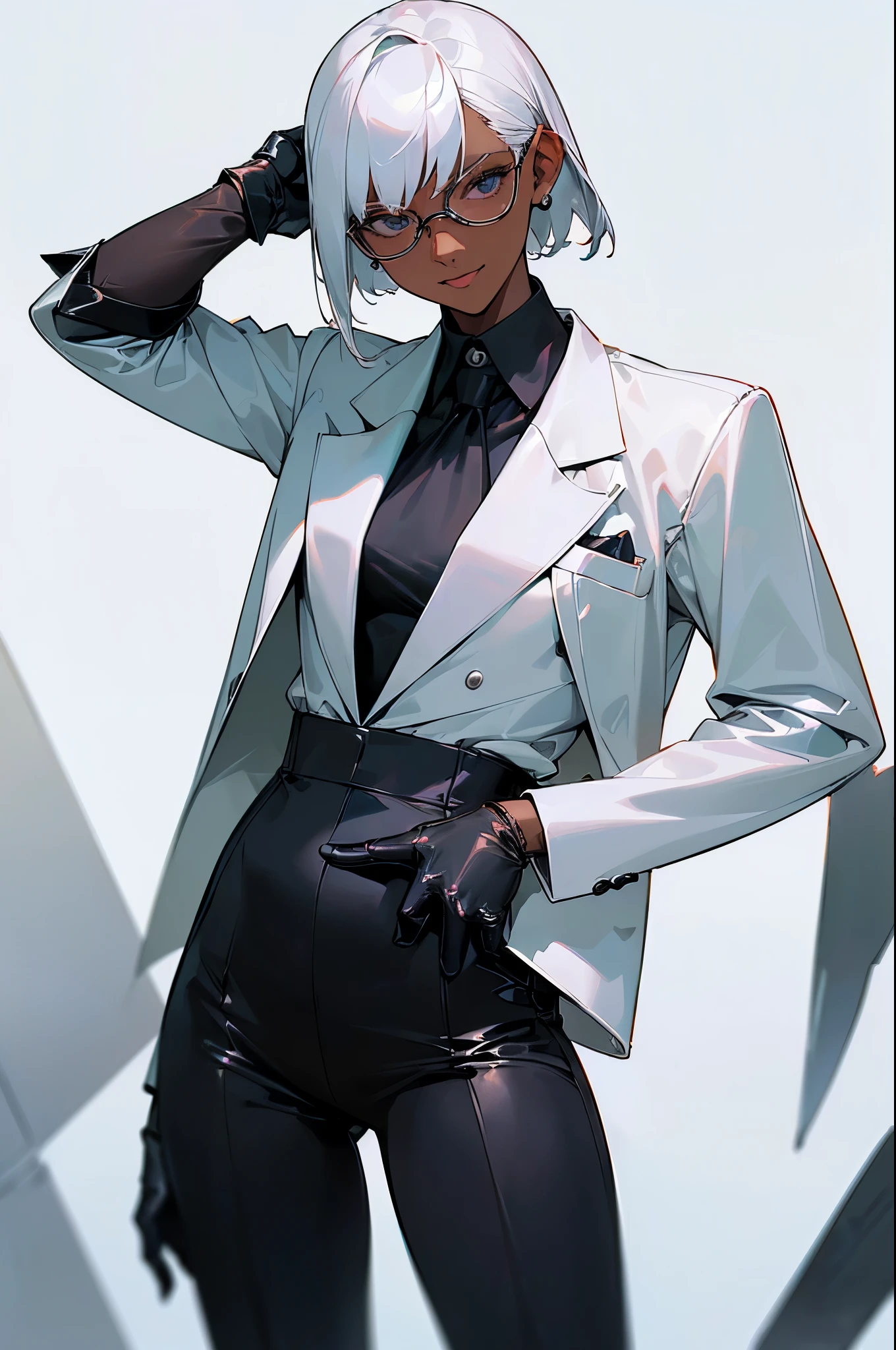(top-quality、masterpiece:1.2) 1womanl、Adults、((dark skinned female、long white short hair、Hair hanging over the ears)) ((White office background)) eye glasses、((Black business suit、Black tailored jacket、white shirt、Black pantsuit、Black leather gloves)) (One hand is on his hip) (Vicious look、Vulgar smile)